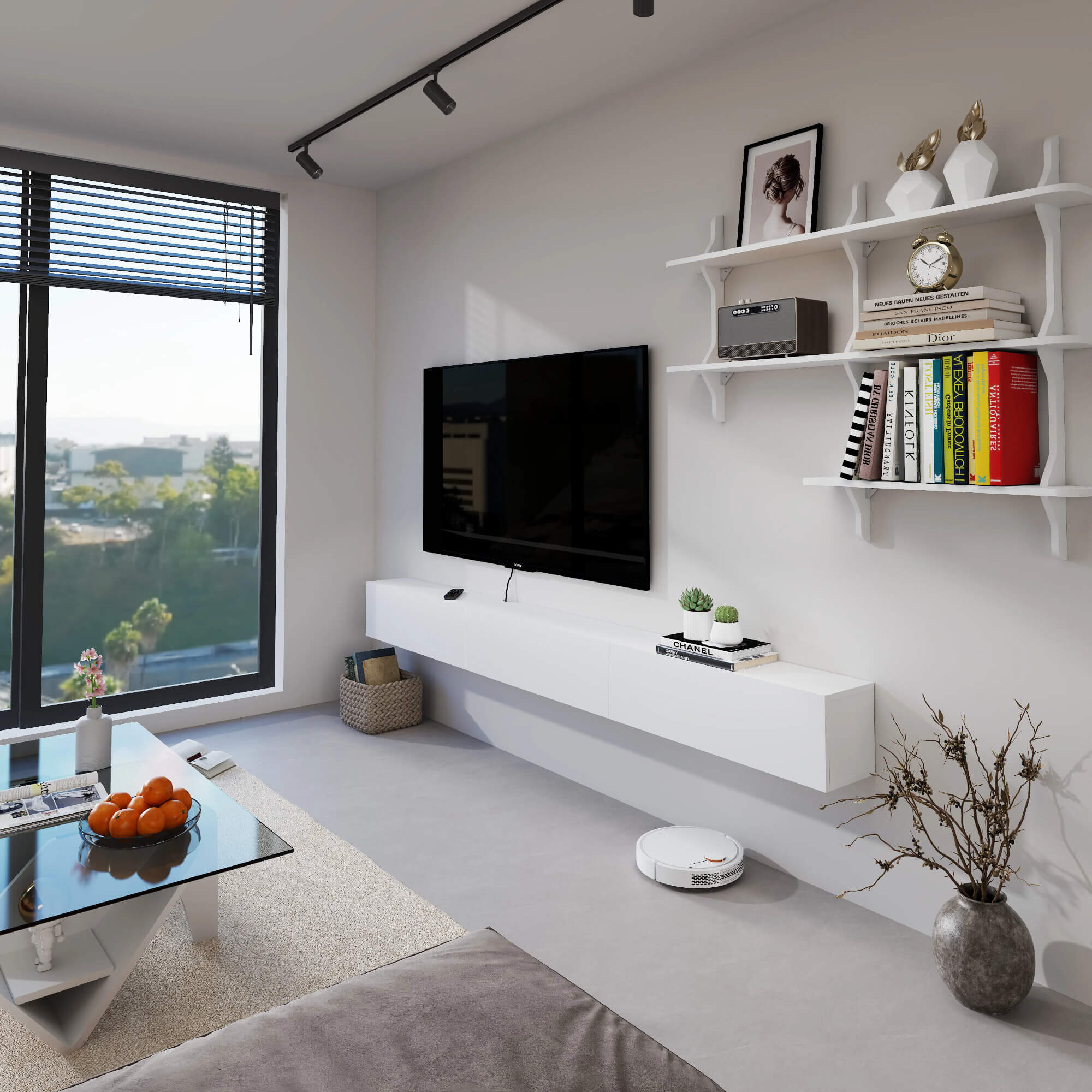 Linea 94.48" Floating TV Console & Shelf Set, White