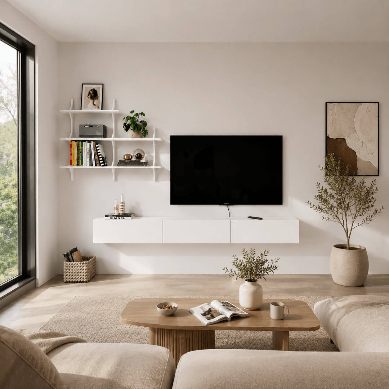Linea 94.48" Floating TV Console & Shelf Set, White