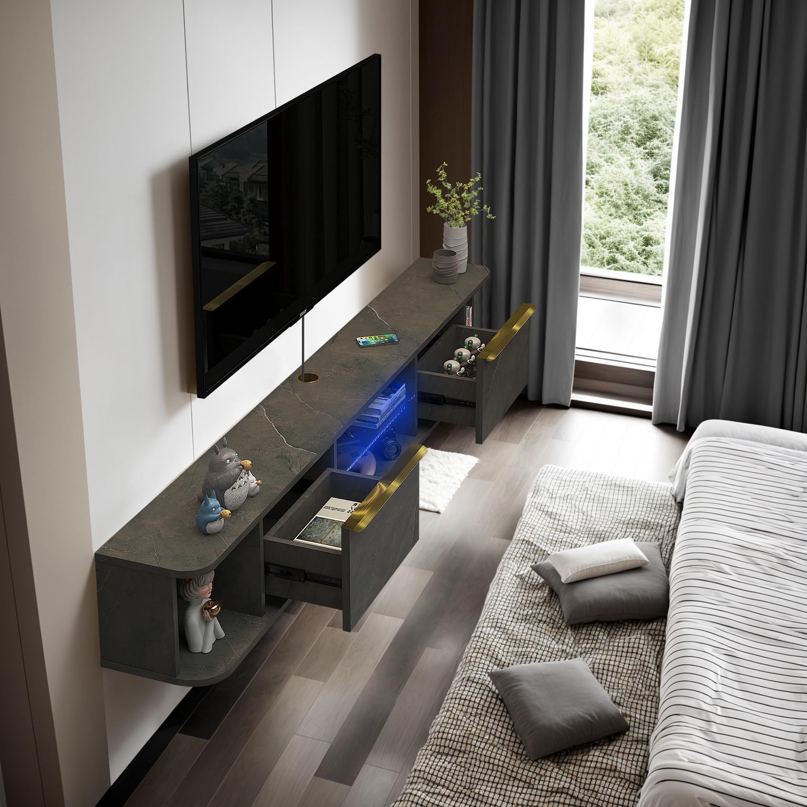 Contemporary Floating TV Stand with LED Lights and Storage #color_pietra grey