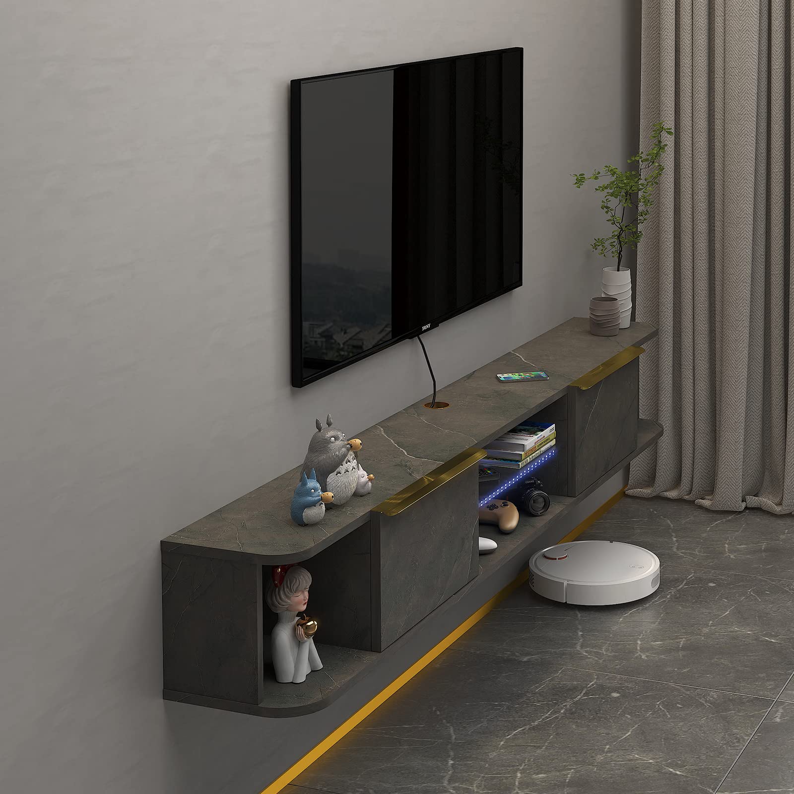 Contemporary Floating TV Stand with LED Lights and Storage #color_pietra grey