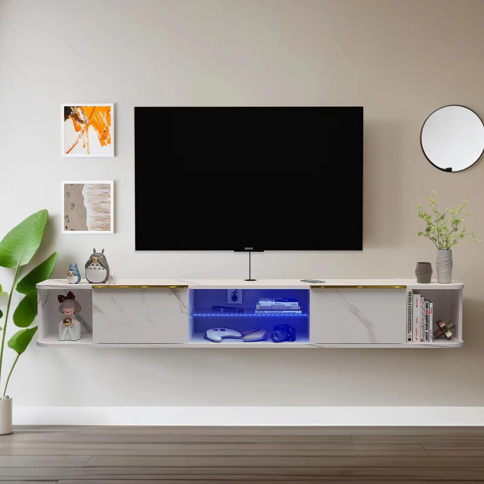 Contemporary Floating TV Stand with LED Lights and Storage #color_pietra white