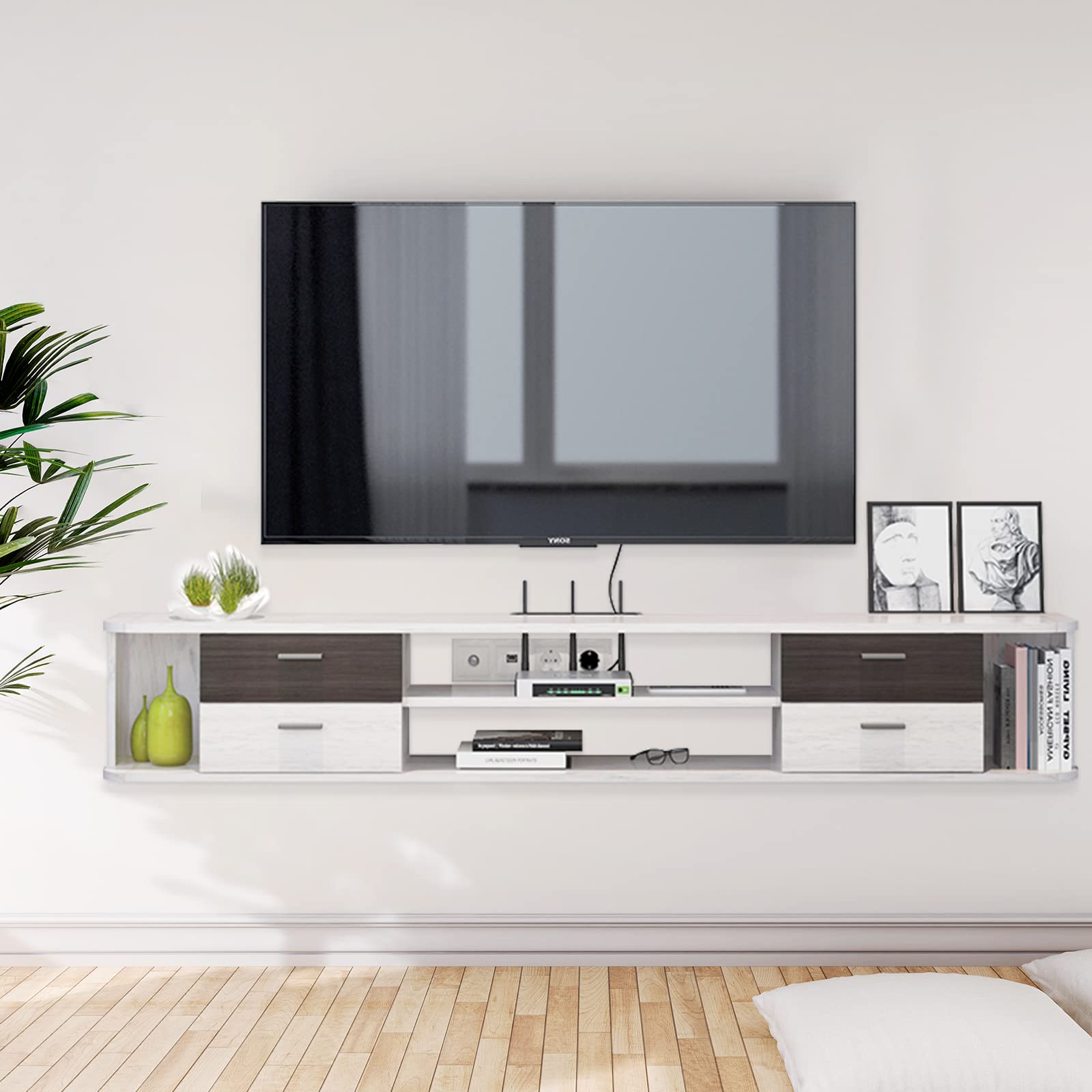Contemporary Floating TV Stand with Four Drawers And Four Open Shelves #color_greyish white