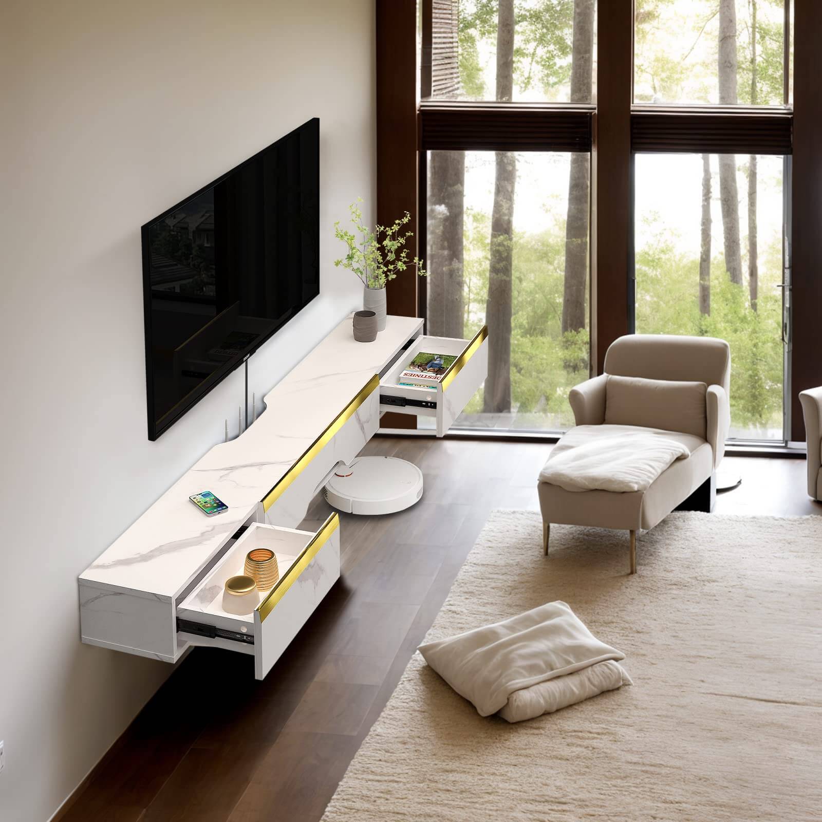 Dark Grey Plywood Modern Wall Mounted Floating TV Console with Door and Drawer #color_pietra white