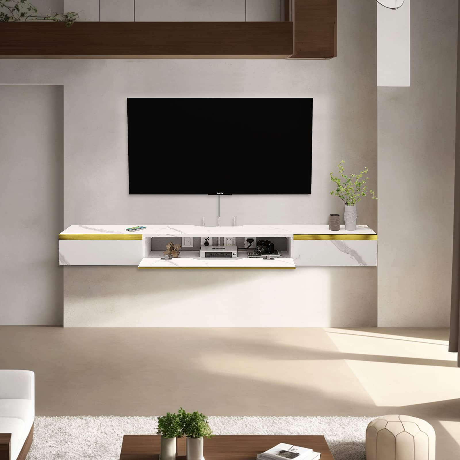 Dark Grey Plywood Modern Wall Mounted Floating TV Console with Door and Drawer #color_pietra white