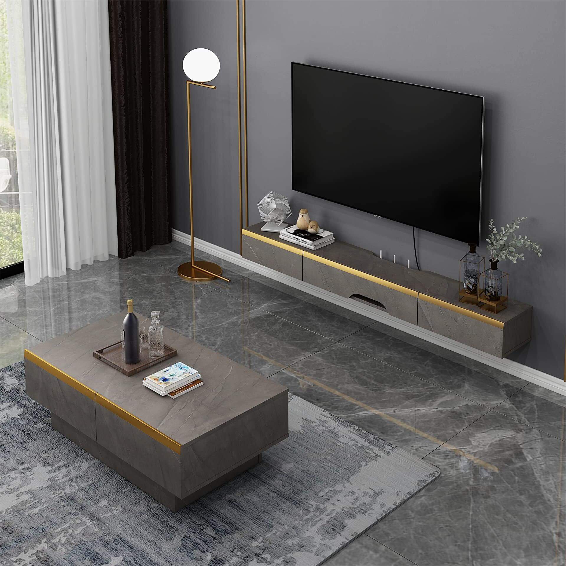 Dark Grey Plywood Modern Wall Mounted Floating TV Console with Door and Drawer #color_pietra grey
