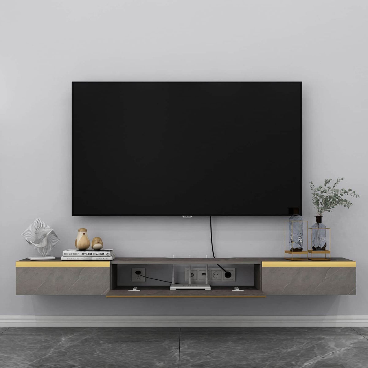 Wood Floating TV Stand with Drawers for 70