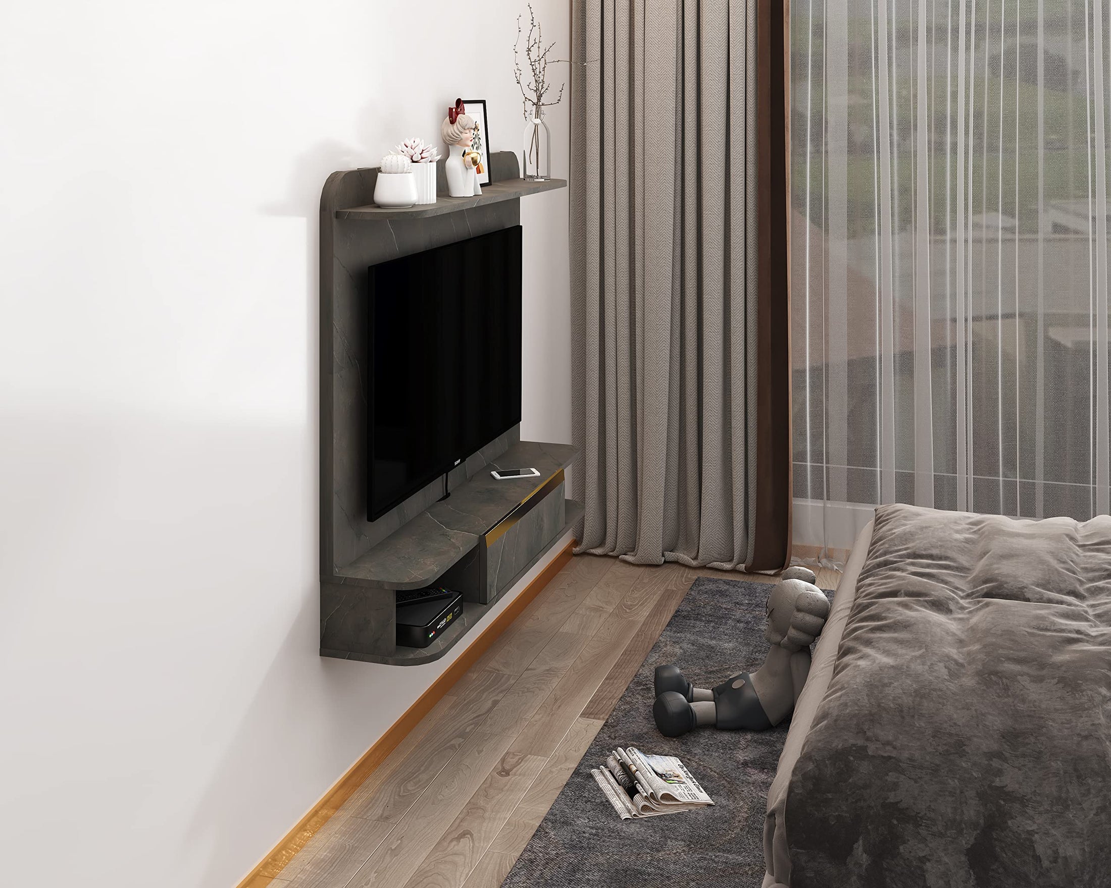 Plywood Floating TV Stand with Wall Panel, Entertainment Media Shelf