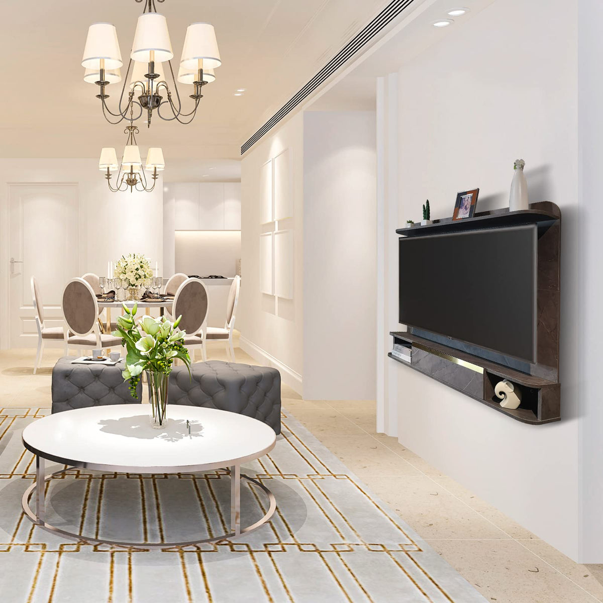 Plywood Floating TV Stand with Wall Panel, Entertainment Media Shelf