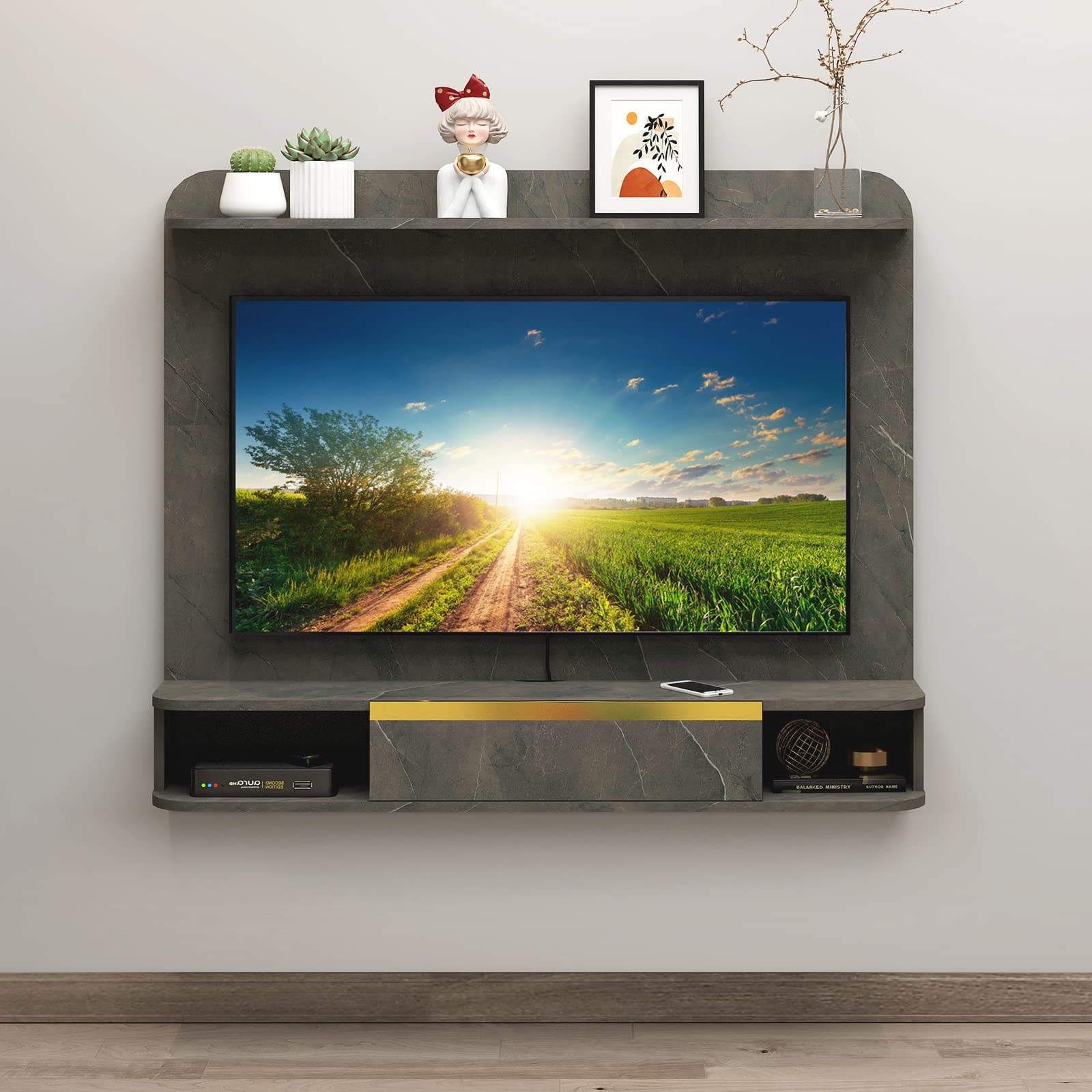 Dark Grey Floating TV Stand with Wall Panel for 32"- 50" TVs