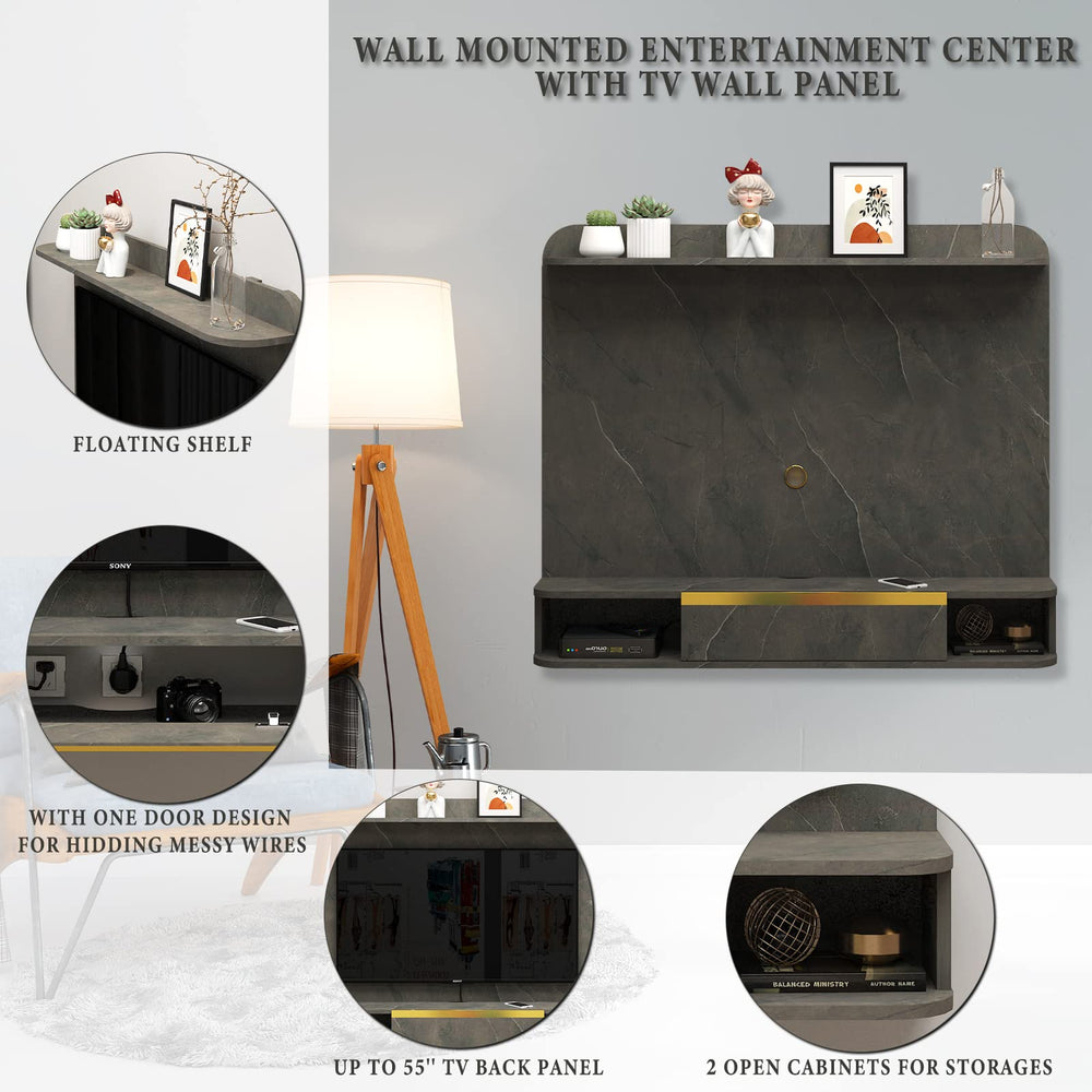 Plywood Floating TV Stand with Wall Panel, Entertainment Media Shelf