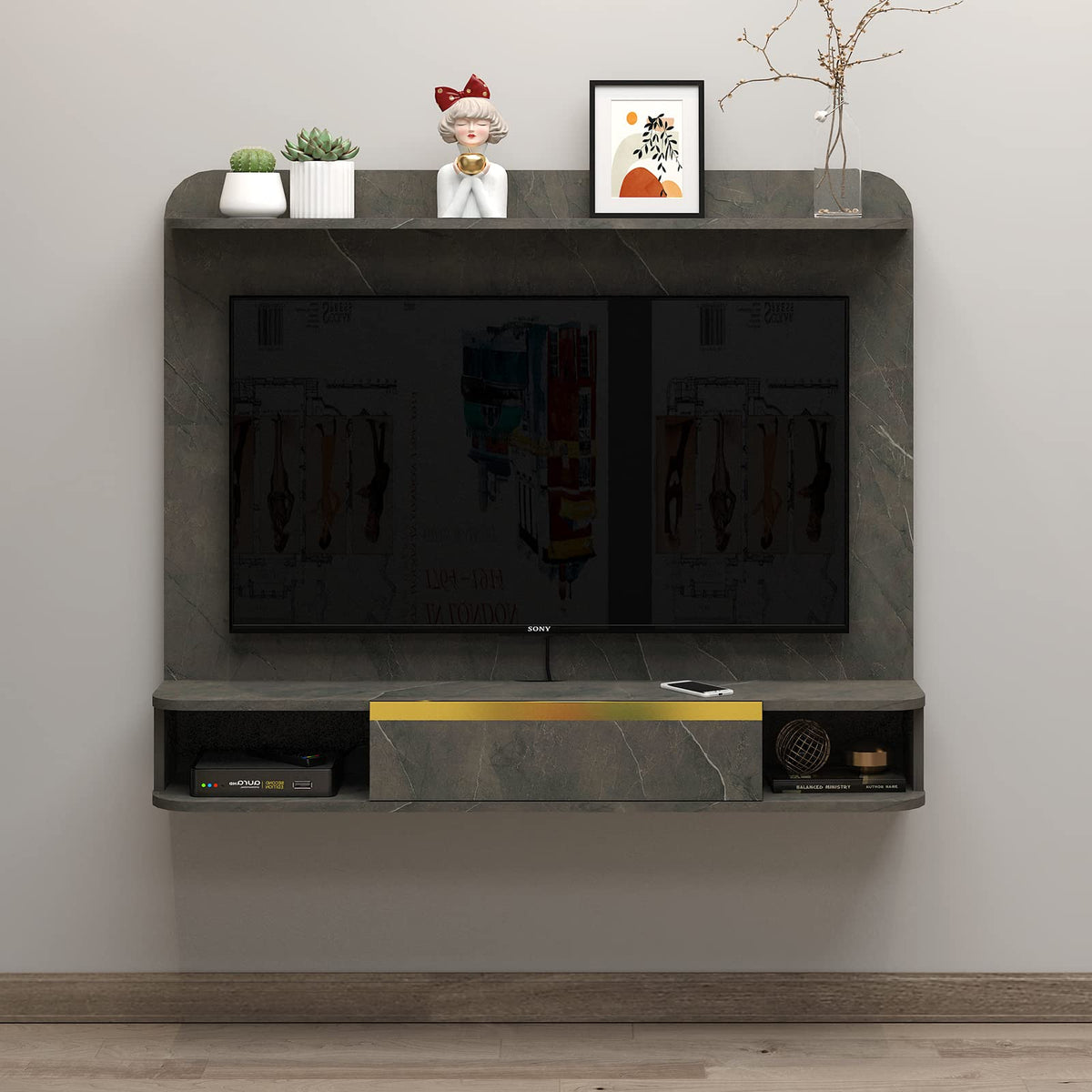 Plywood Floating TV Stand with Wall Panel, Entertainment Media Shelf