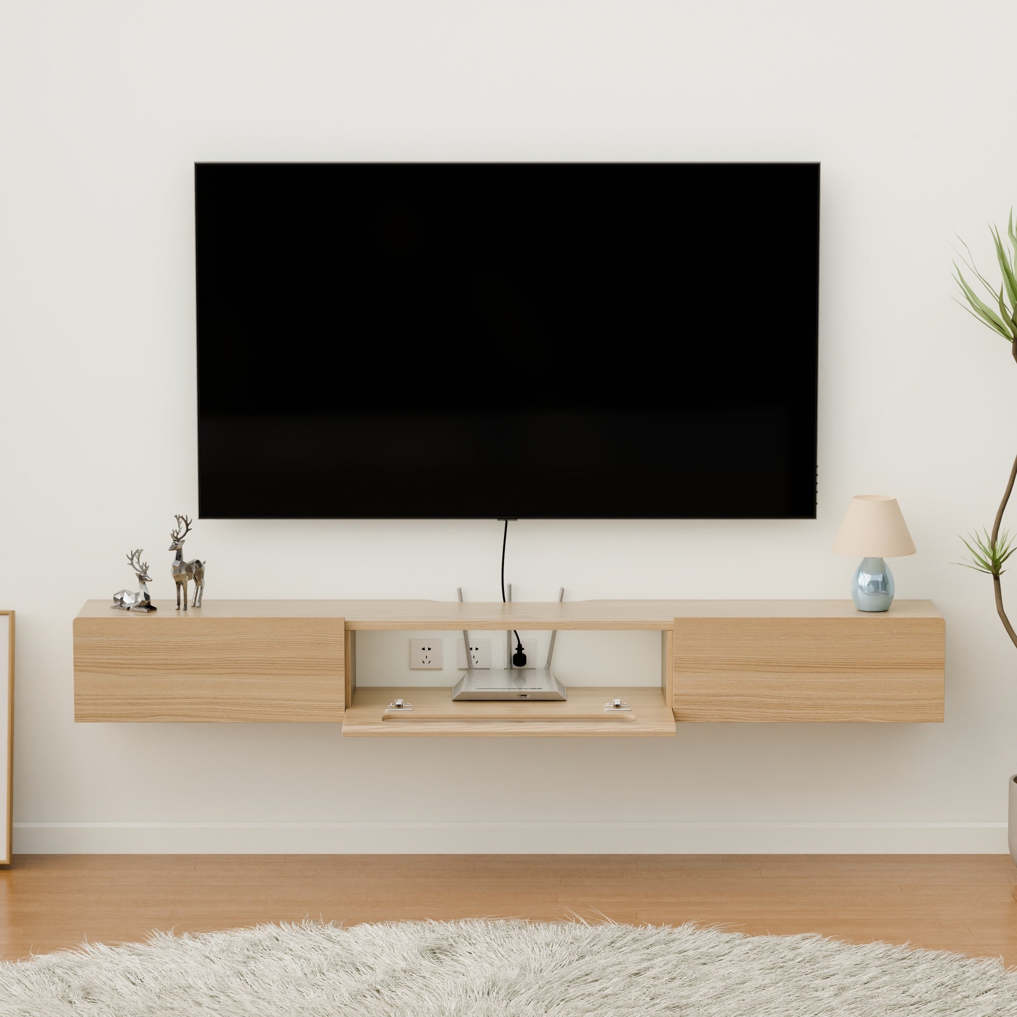 Minimalist Wall-Mounted Entertainment Center for Small Space, Under TV Shelf for 60” 65 Flat Screens, Light Oak