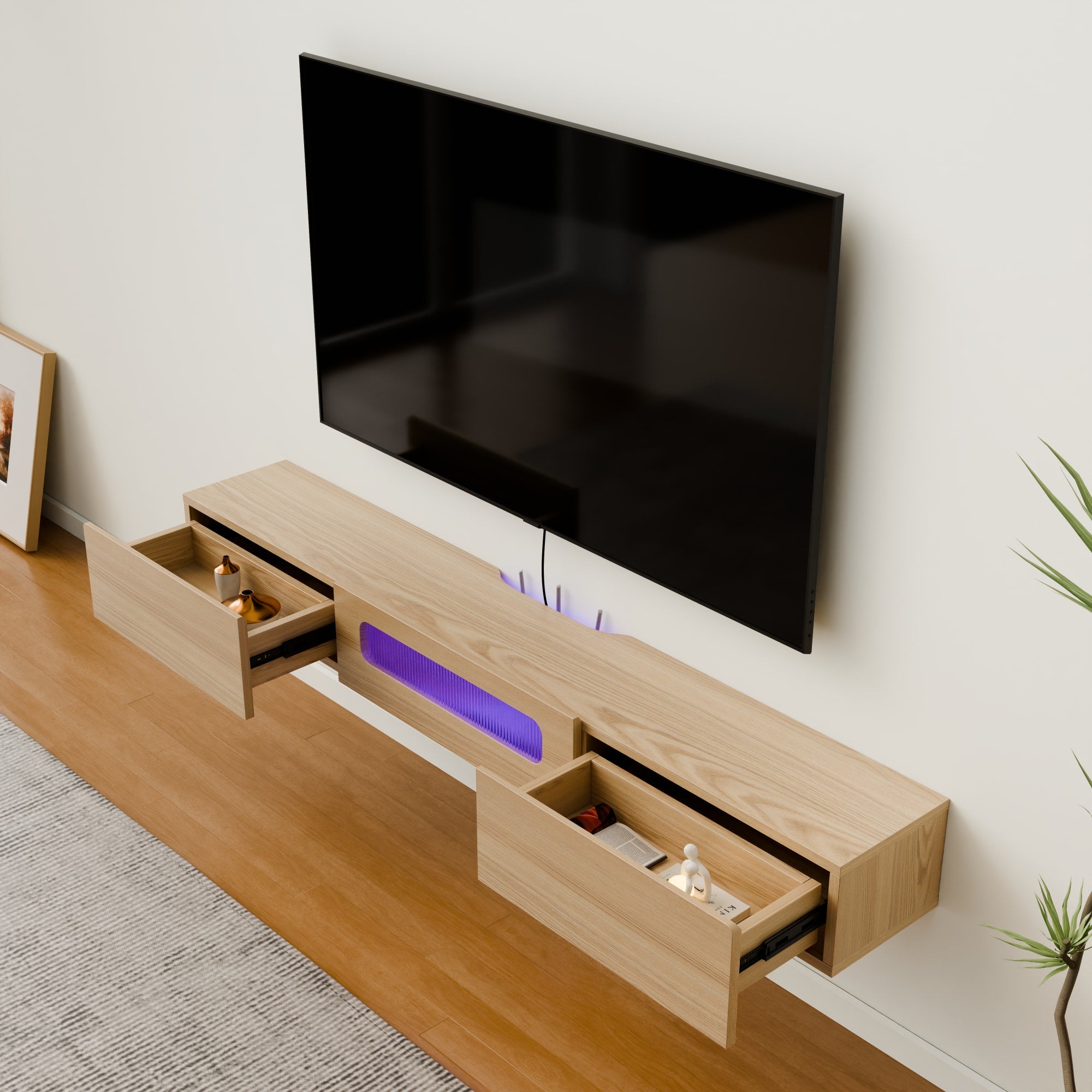 63 Inch Gaming TV Stand for 60” 65 TVs, Contemporary Floating Wall Shelf with Drawers & Led Lights, Light Oak