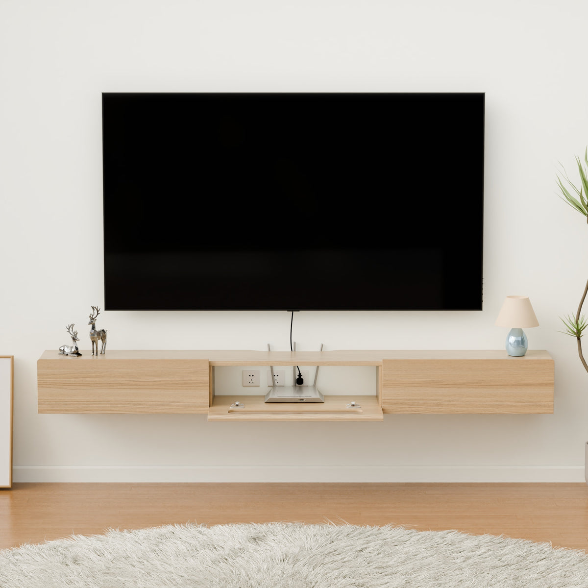 Customize Light Oak Floating TV Stand Wall Shelf with LED Lights and Storage Drawers
