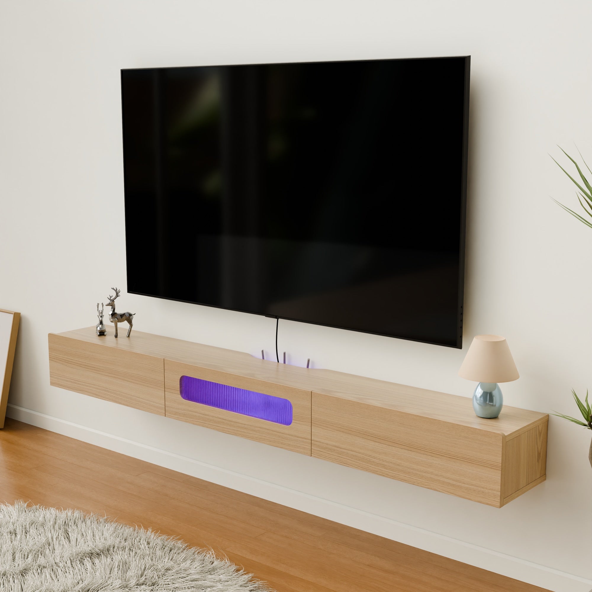 Floativa Purello custom floating tv stand shelf with LED lights drawers  #color_light oak