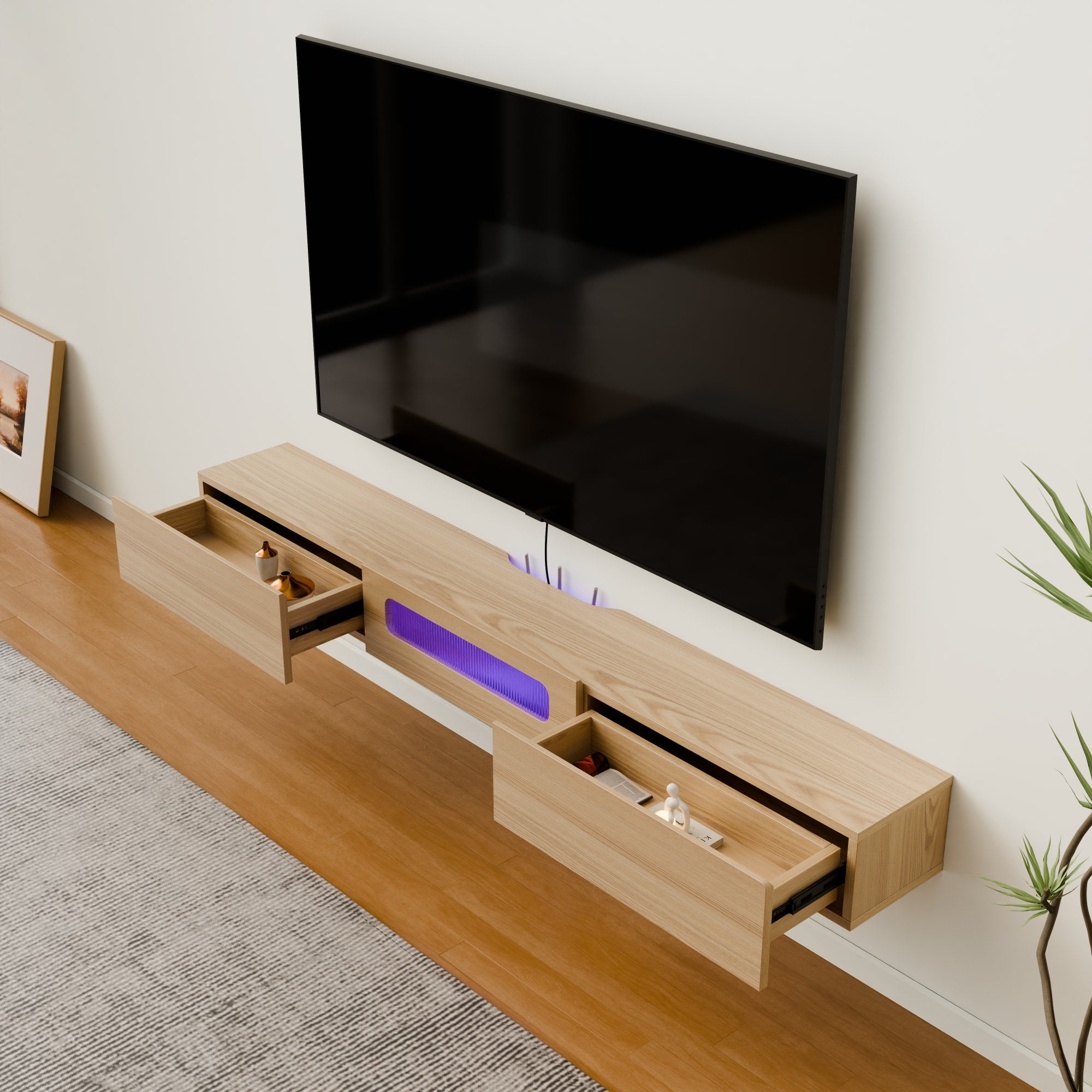 Light Oak Modern Wood Floating TV Stand furniture for 75” 80” Wall Mounted TV with LED Lights and Drawers, Light up Gaming Entertainment Center