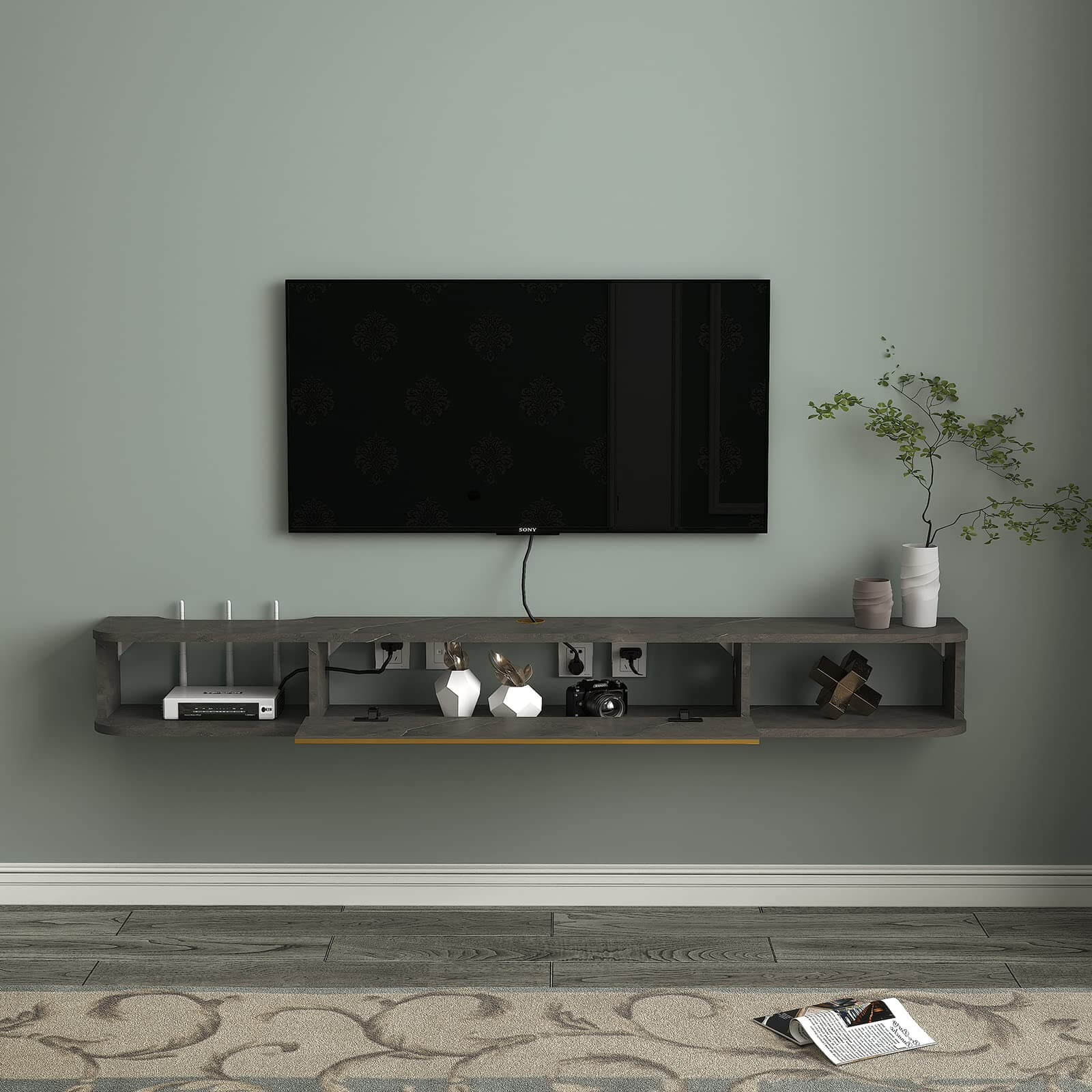 Plywood Wall Mounted Floating TV Stand with Large Door Storage  #color_marble grey