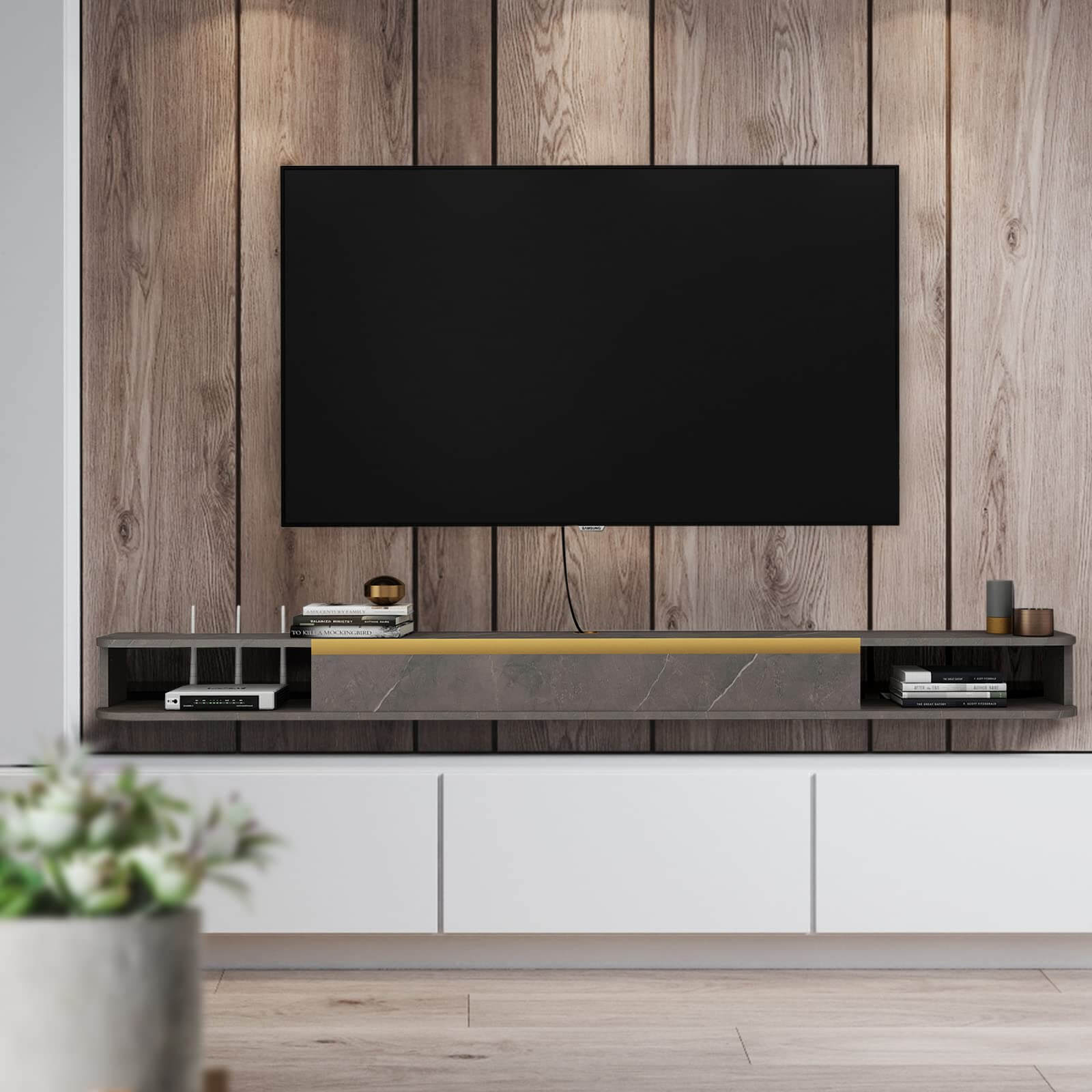 Plywood Wall Mounted Floating TV Stand with Large Door Storage #color_pietra grey
