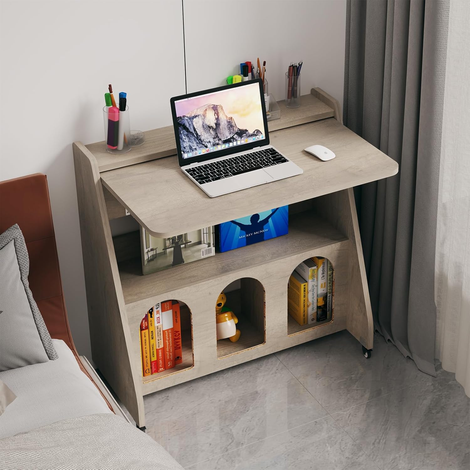 Grey Fold Down Standing Wood Desk on Wheel, Portable Home Office Desk