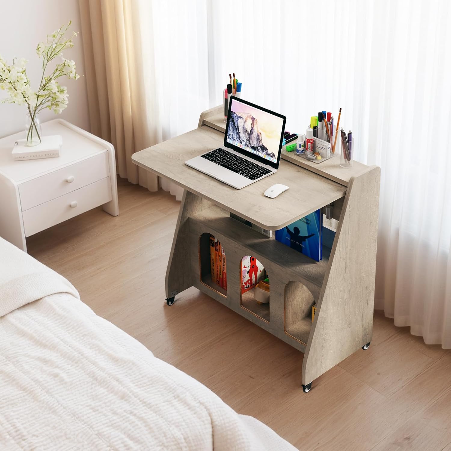 Grey Fold Down Standing Wood Desk on Wheel, Portable Home Office Desk