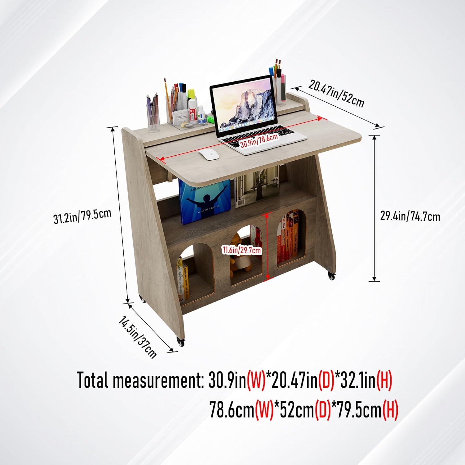 Grey Fold Down Standing Wood Desk on Wheel, Portable Home Office Desk