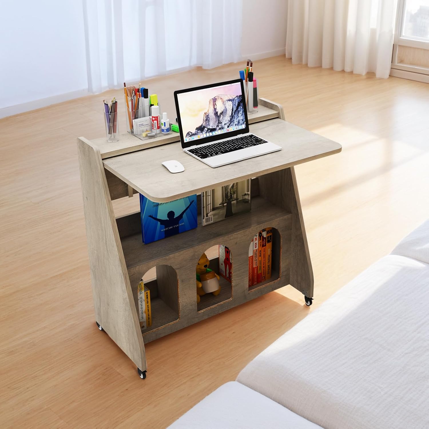 Grey Fold Down Standing Wood Desk on Wheel, Portable Home Office Desk