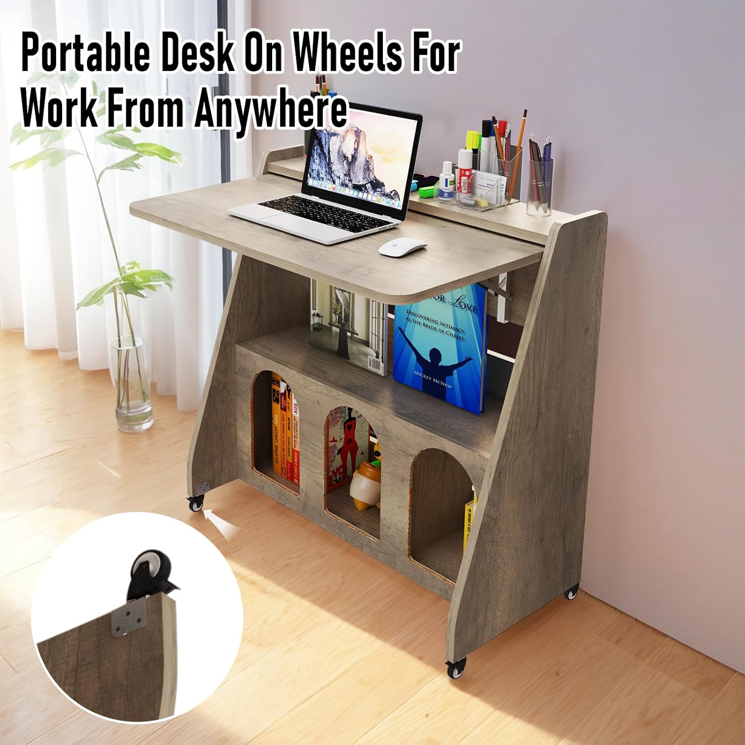 Grey Fold Down Standing Wood Desk on Wheel, Portable Home Office Desk