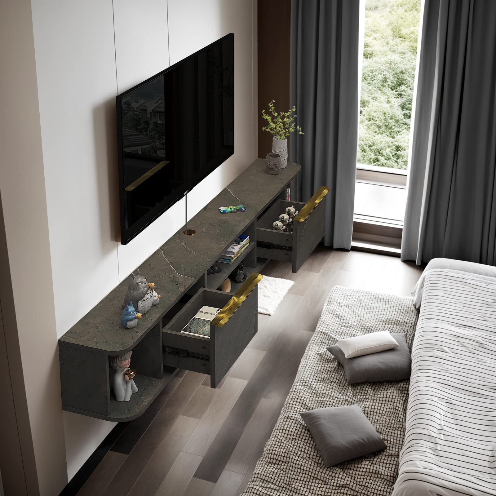 Modern Floating TV Stand with Storage Drawers and Shelves #color_pietra grey