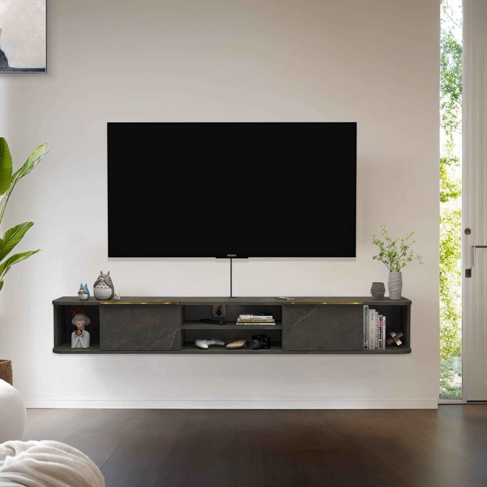 Modern Floating TV Stand with Storage Drawers and Shelves #color_pietra grey