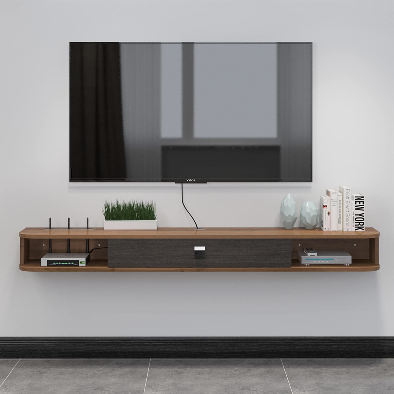 Plywood Wall Mounted Floating TV Unit with Two Open Shelves and One Door Storage, 78 Inch #color_walnut
