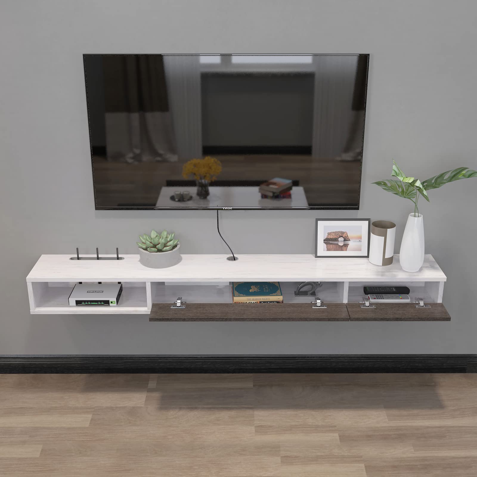 Plywood Wall Mounted Floating TV Stand with Two Flip-down Doors #color_greyish white
