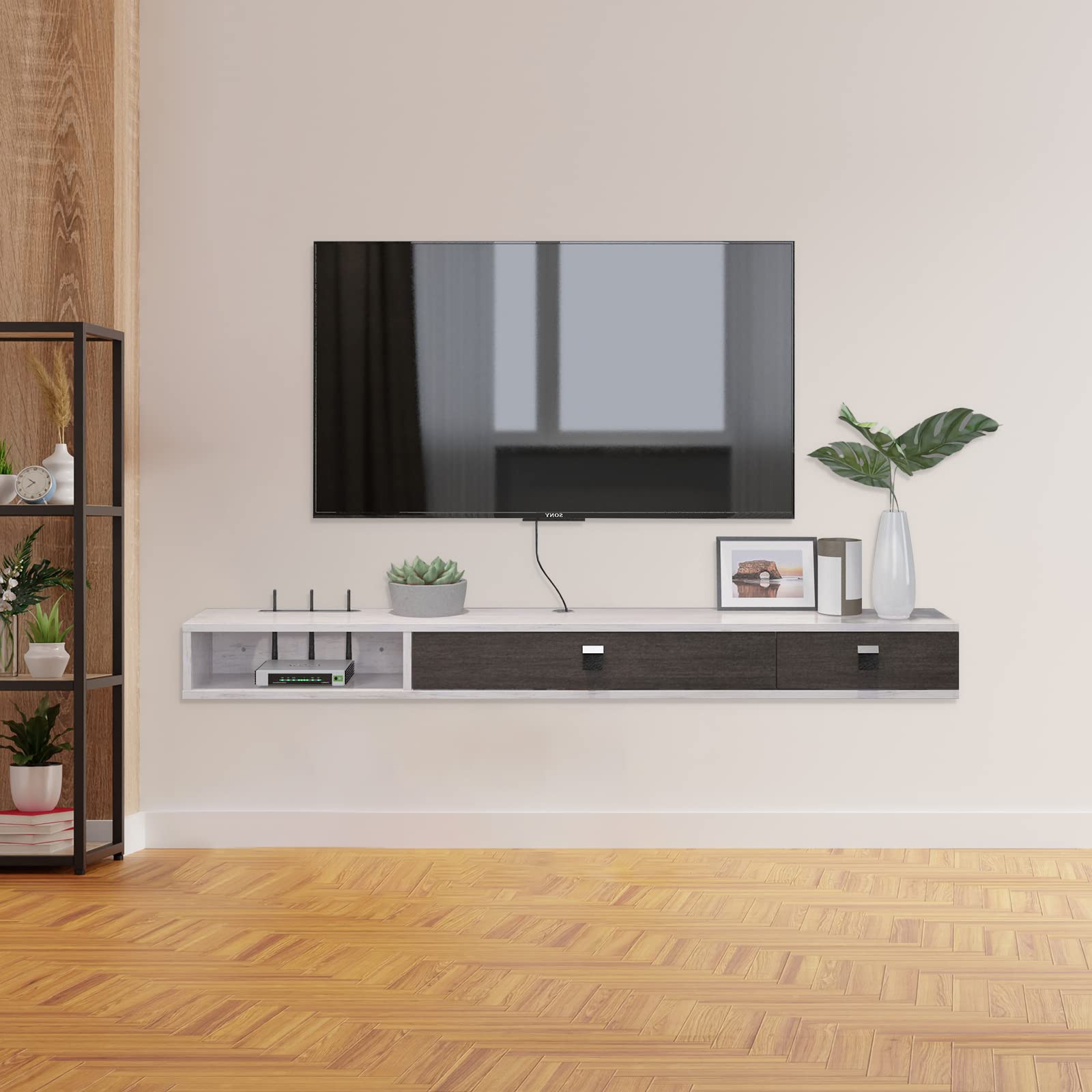 Plywood Wall Mounted Floating TV Stand with Two Flip-down Doors #color_greyish white