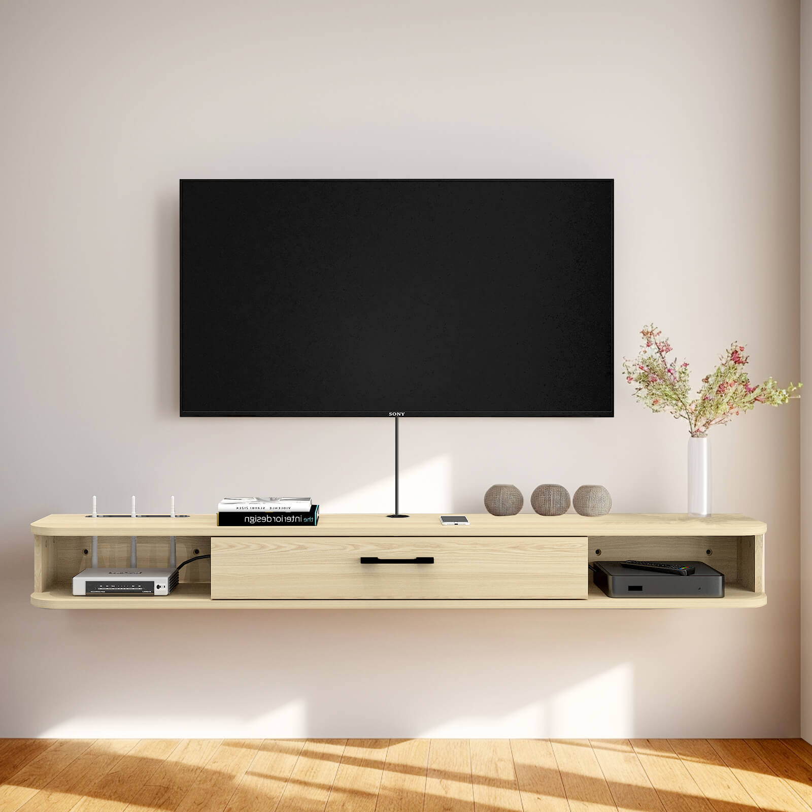 Plywood Wall Mounted Floating TV Stand with Large Door #color_light oak
