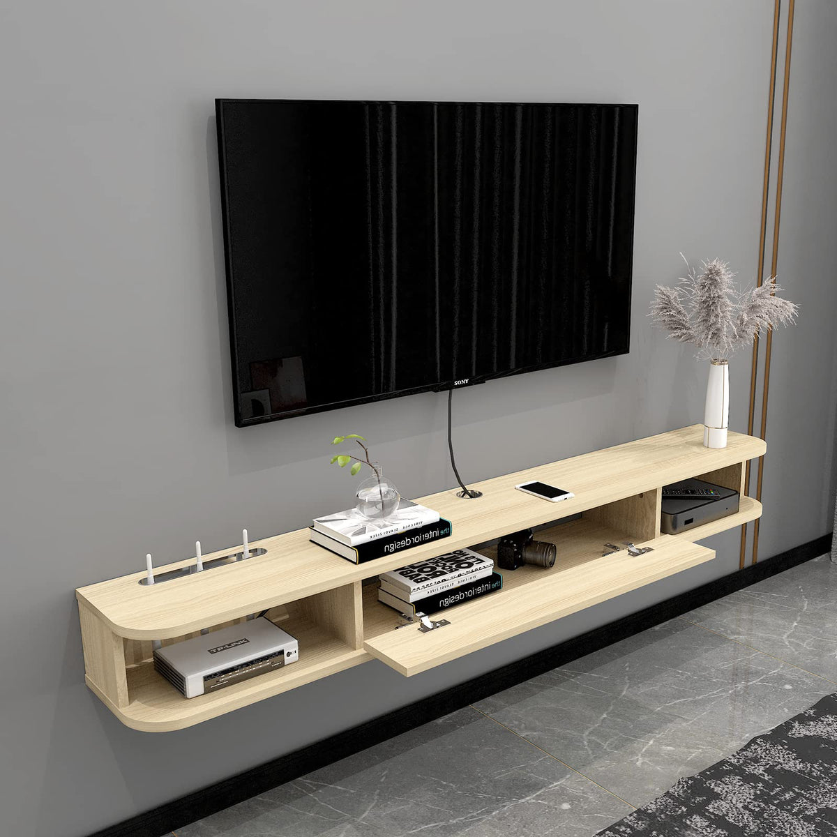 Floating Sreen Small Floating TV Stand Wall Shelf with Storage, Space Saving ...