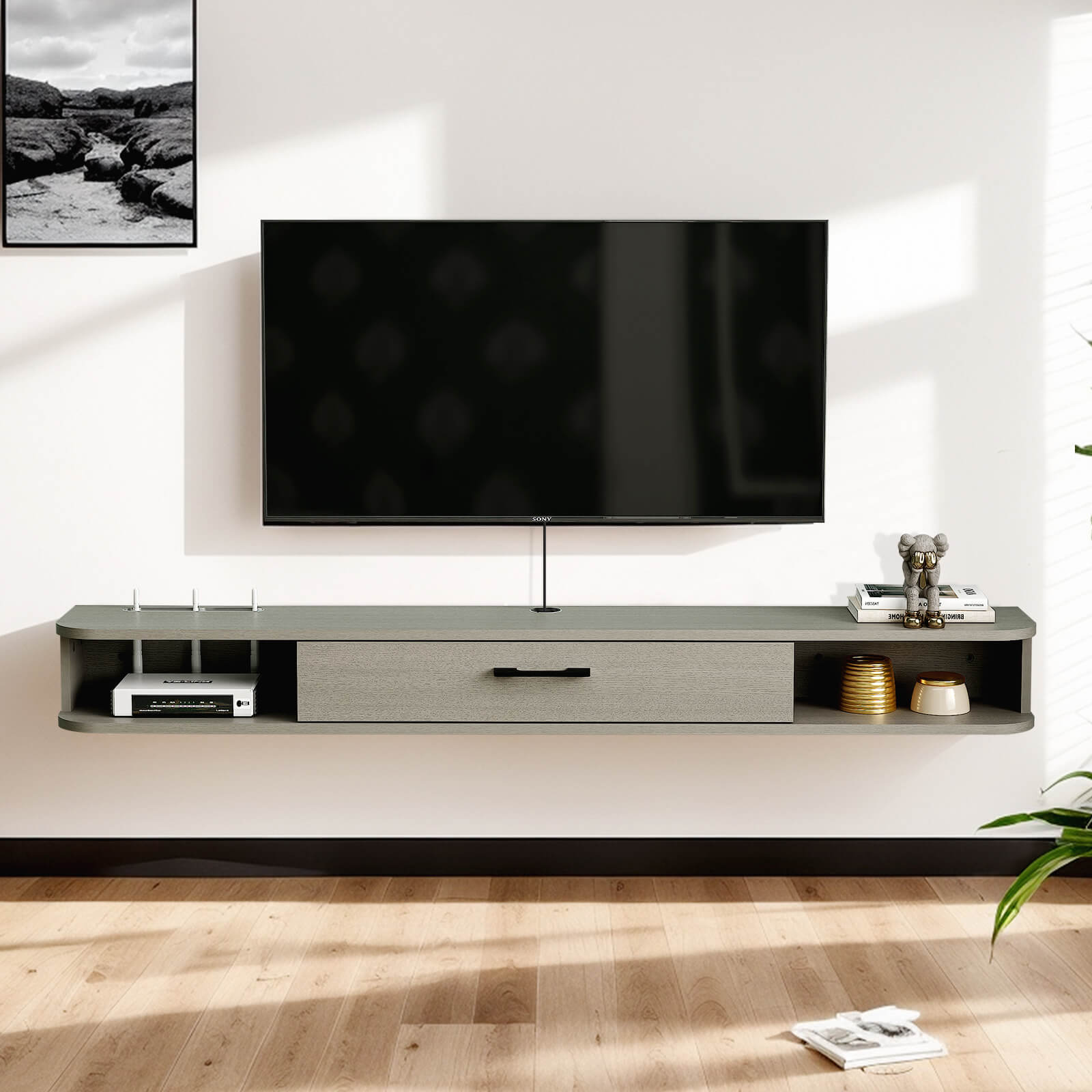 Plywood Wall Mounted Floating TV Stand with Large Door #color_light grey oak