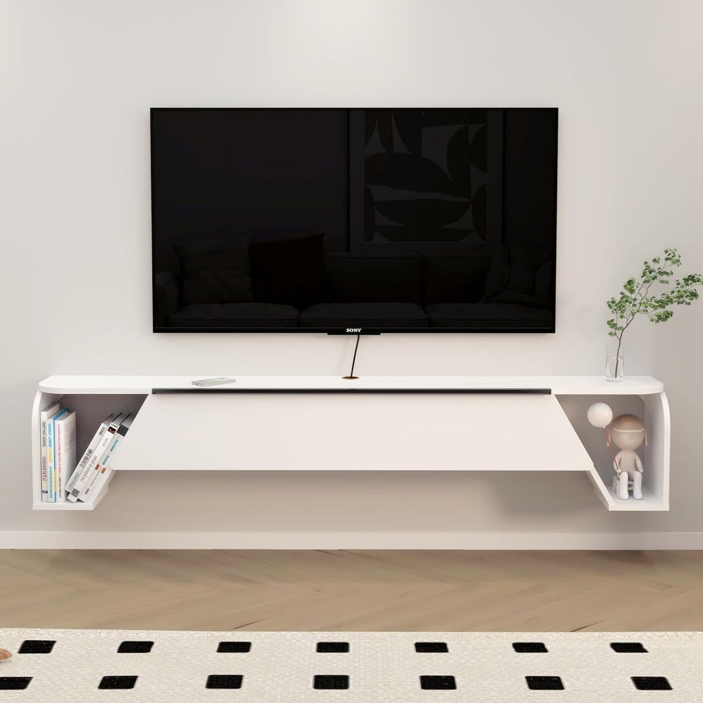 Modern Simple White Floating TV Stand for 80" TV with Golden Accent