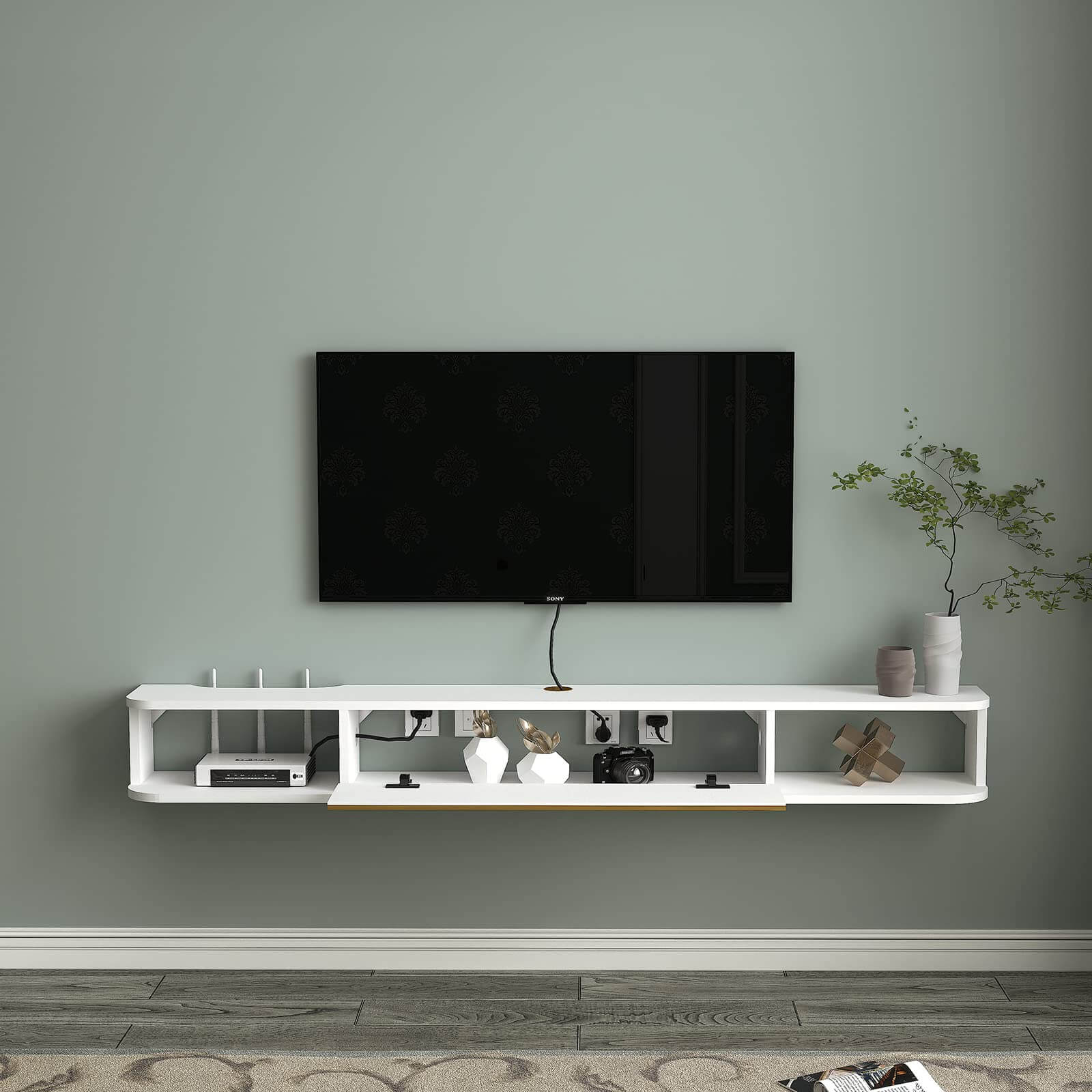 White Plywood Wall Mounted Floating TV Stand with Large Door Storage #color_white