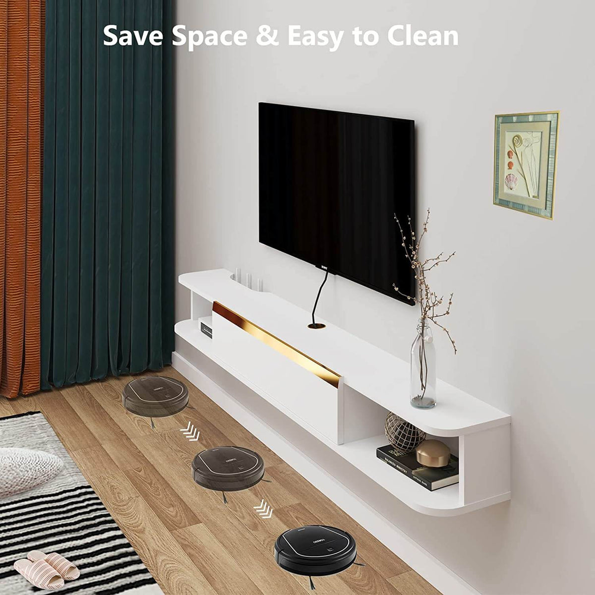 Plywood Floating TV Stand Wall Shelf for 65" 70" TV, White with Golden