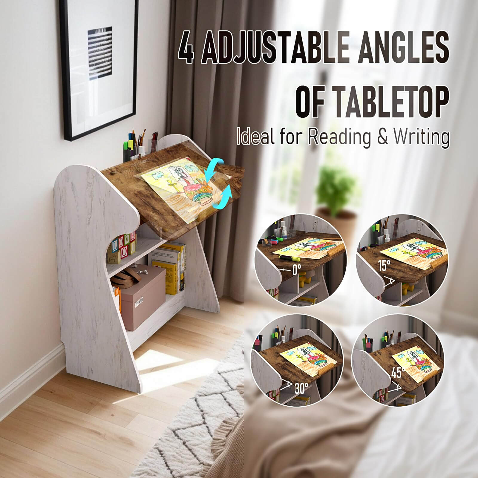Free Standing Adjustable Wood Desk with 4-level Angles