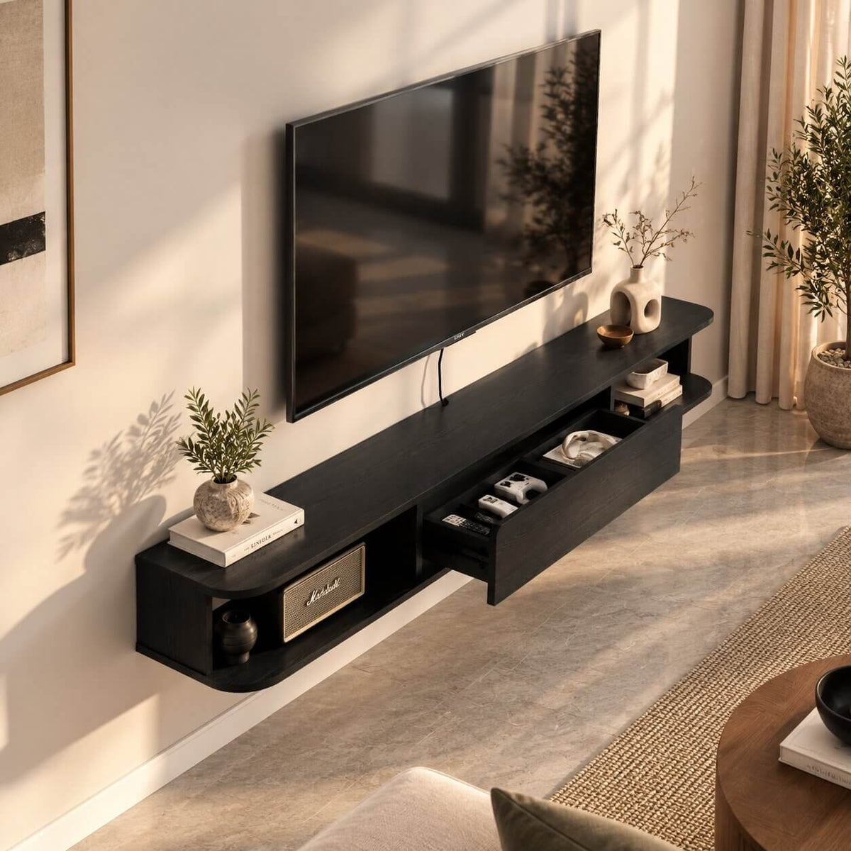 74" Solel Drawer Floating TV Stand, Black