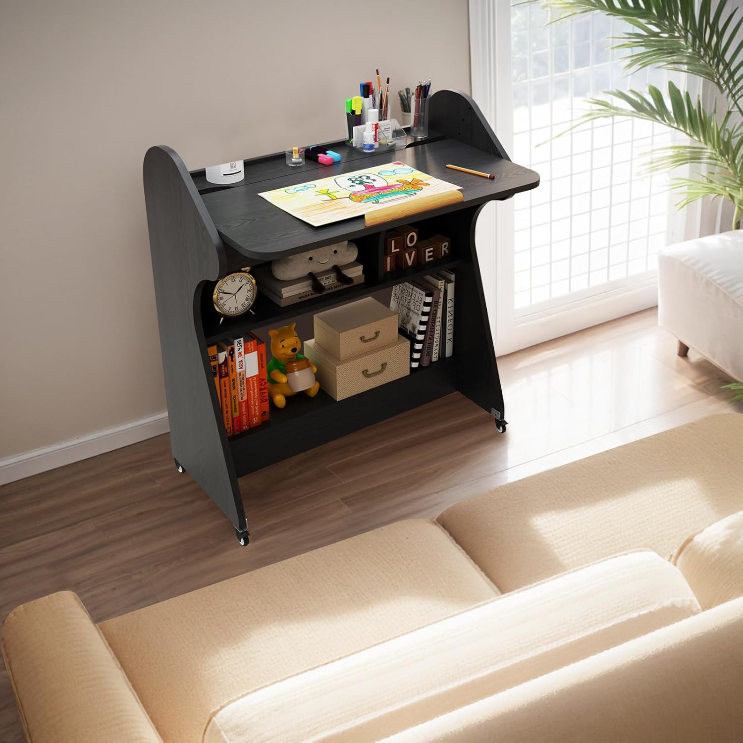 Black Rolling Desk with Adjustable Angle Tabletop