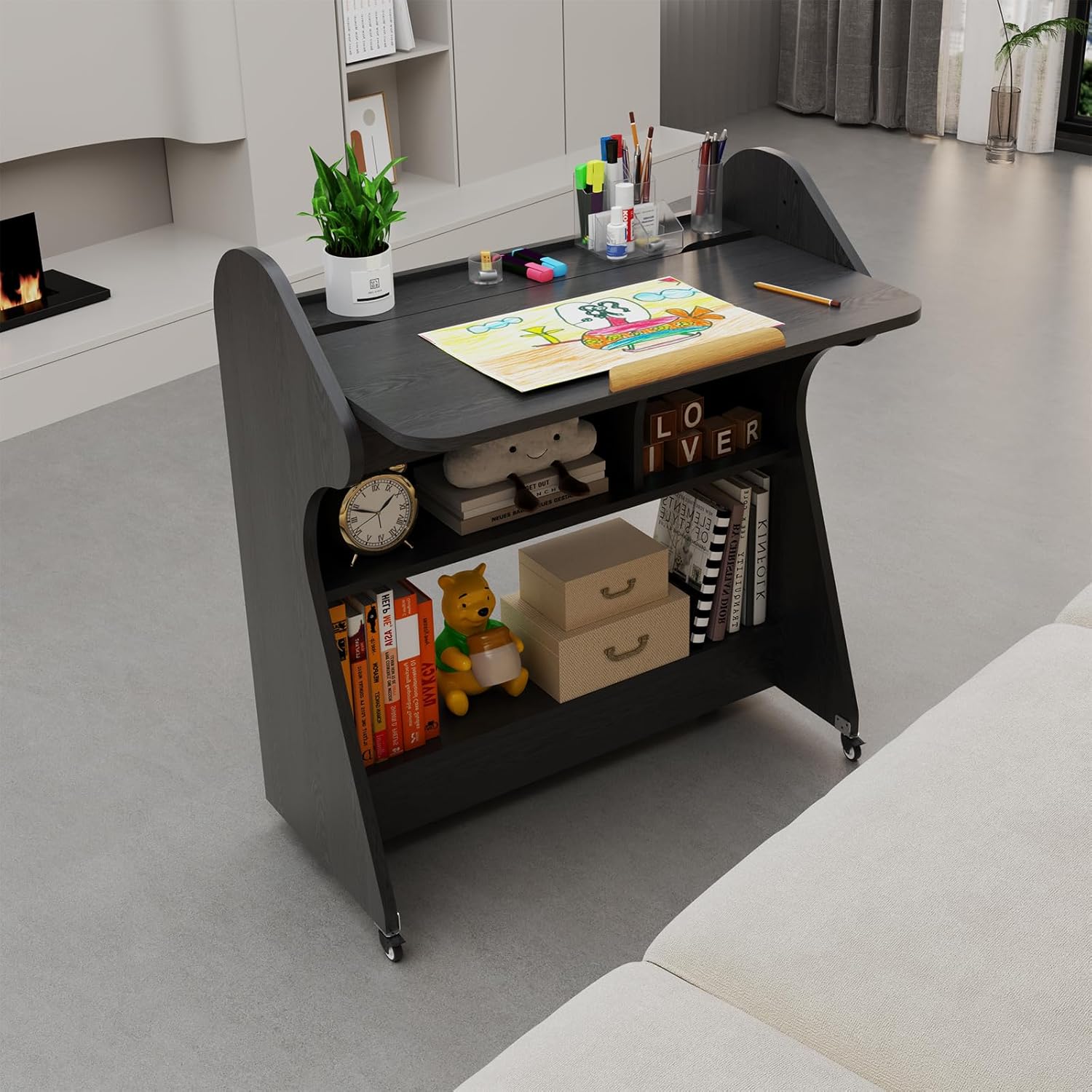 Black Rolling Desk with Adjustable Angle Tabletop