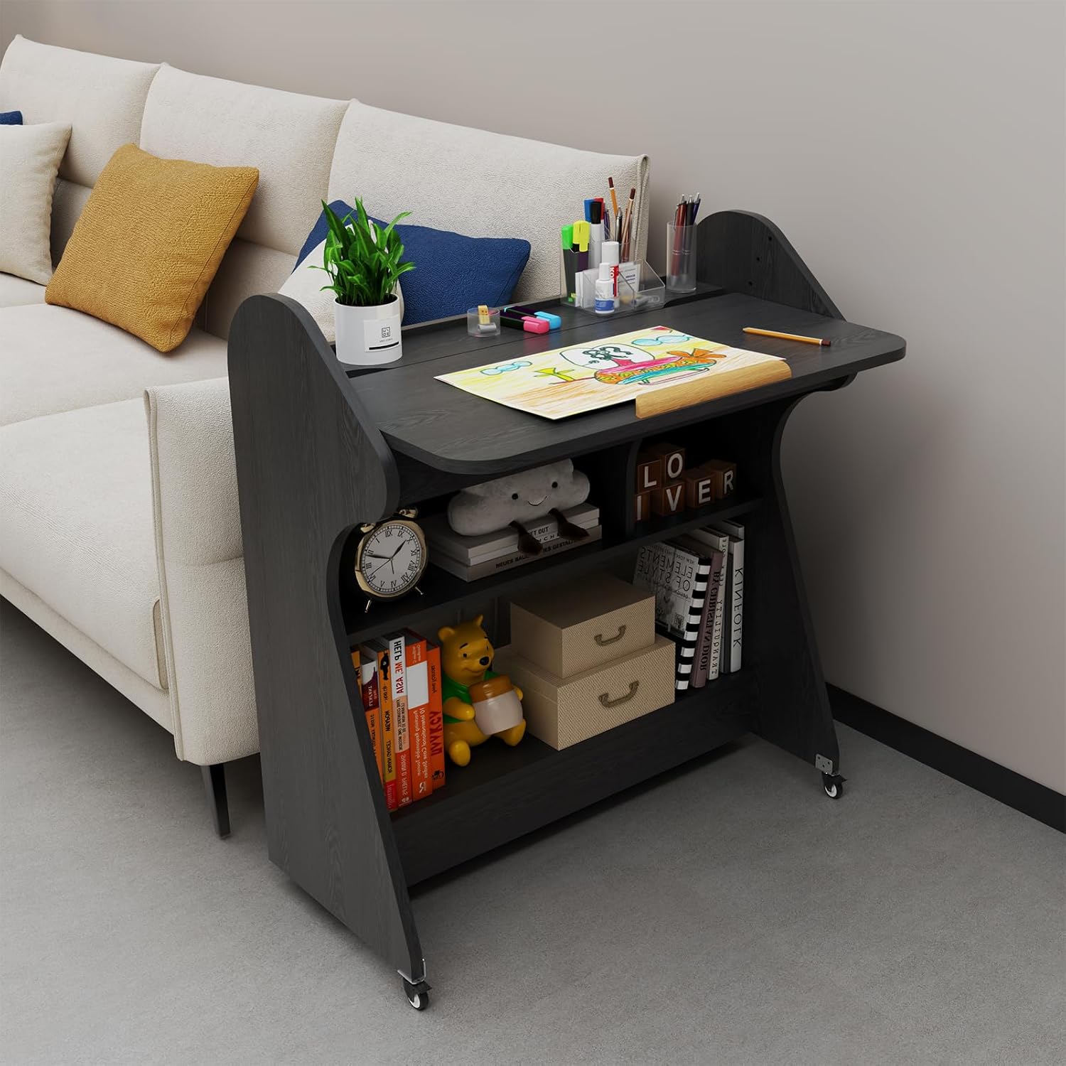 Black Rolling Desk with Adjustable Angle Tabletop