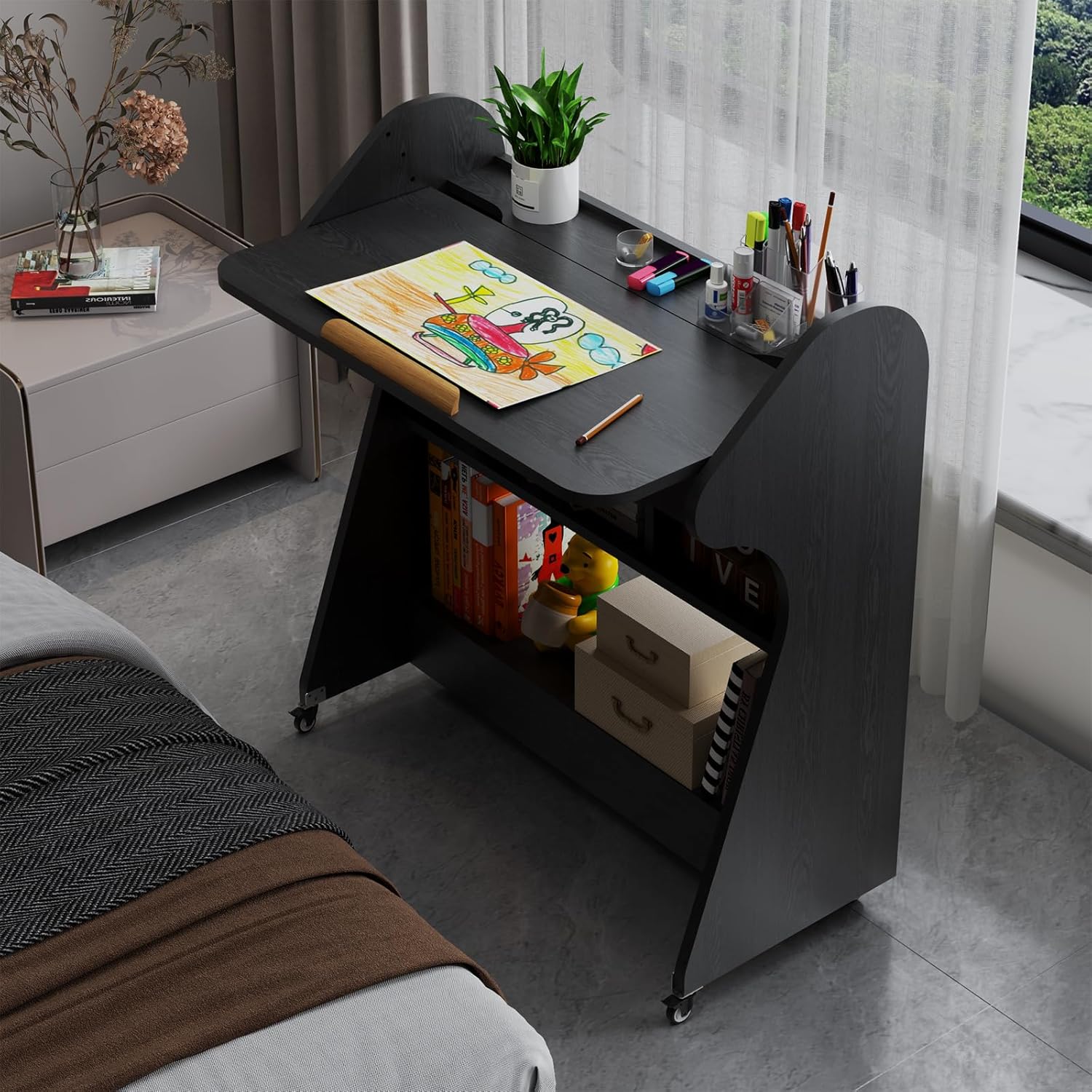 Black Rolling Desk with Adjustable Angle Tabletop