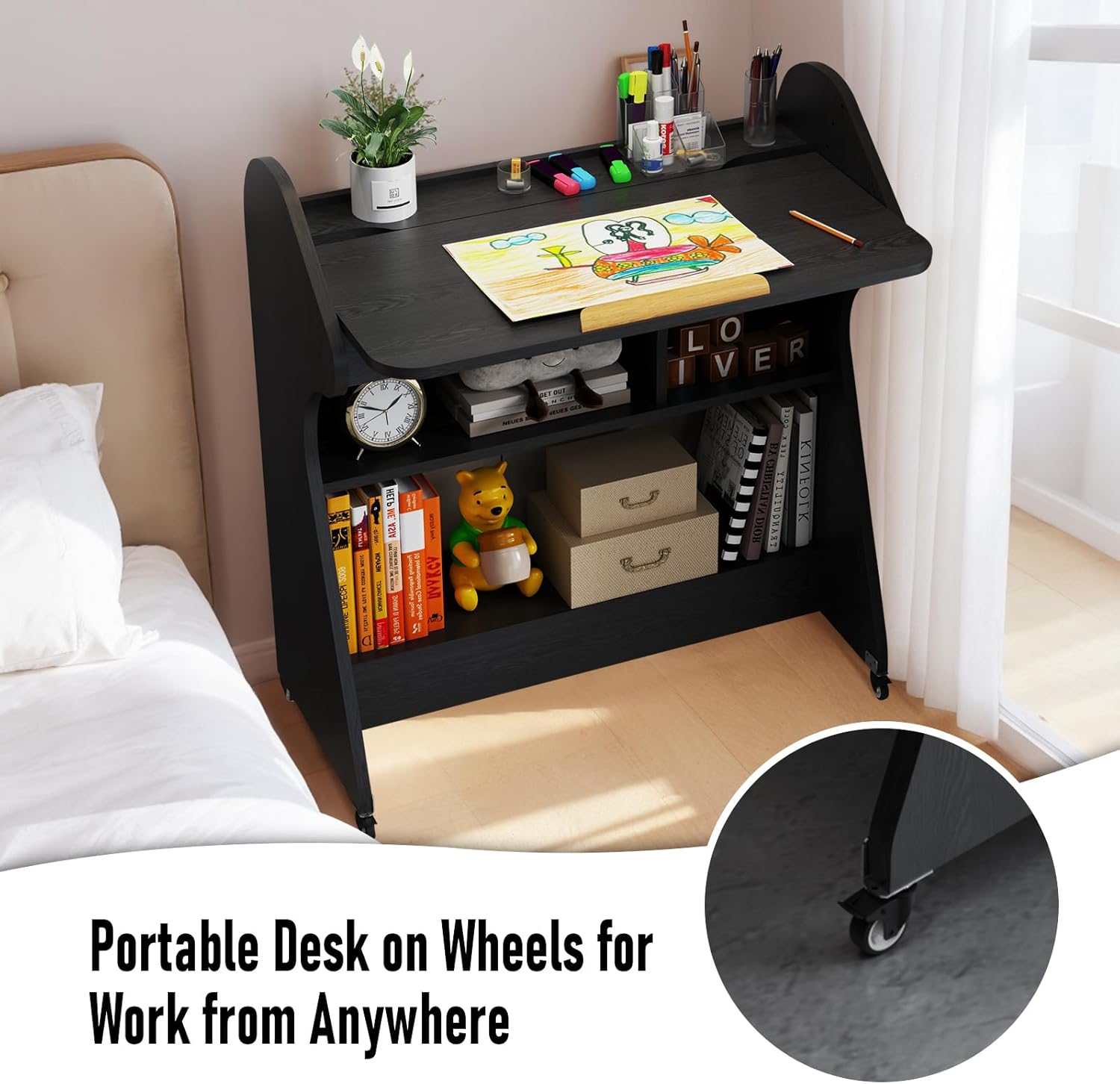 Black Rolling Desk with Adjustable Angle Tabletop