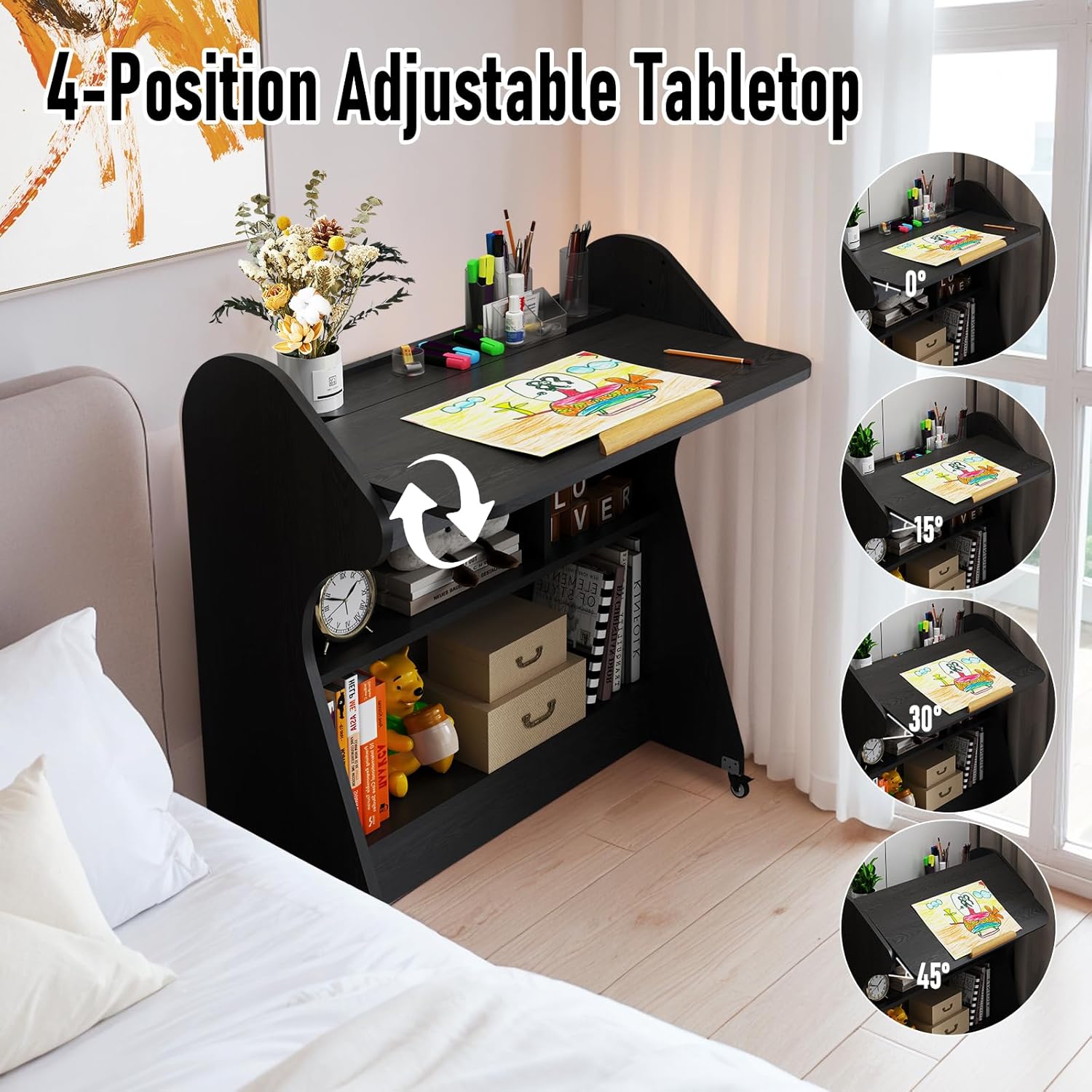 Black Rolling Desk with Adjustable Angle Tabletop