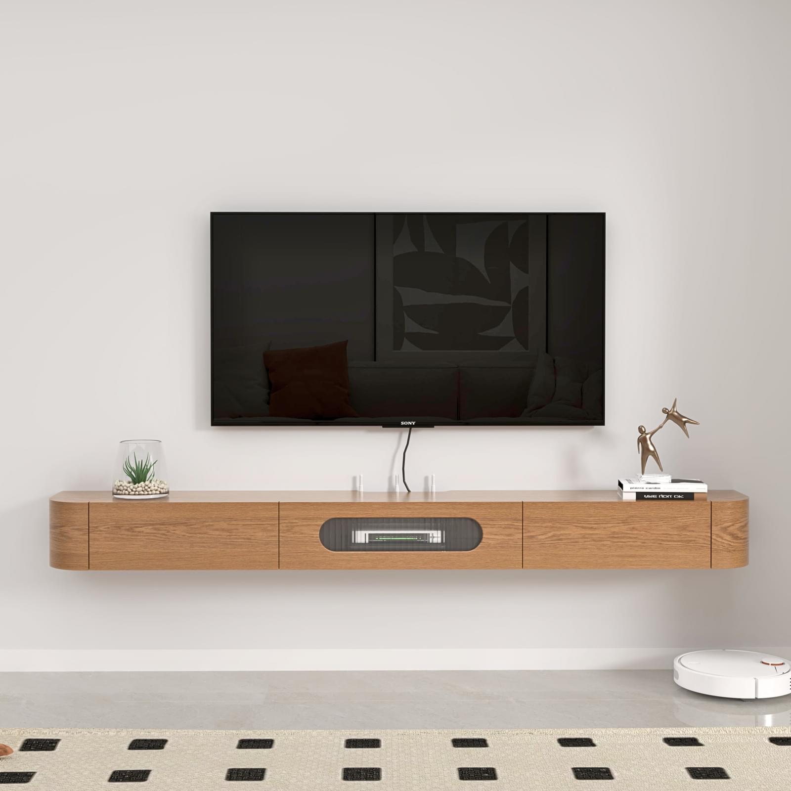 Customize Modern Minimalist Solid Wood Floating TV Stand with Drawers and Glass Door #color_brown