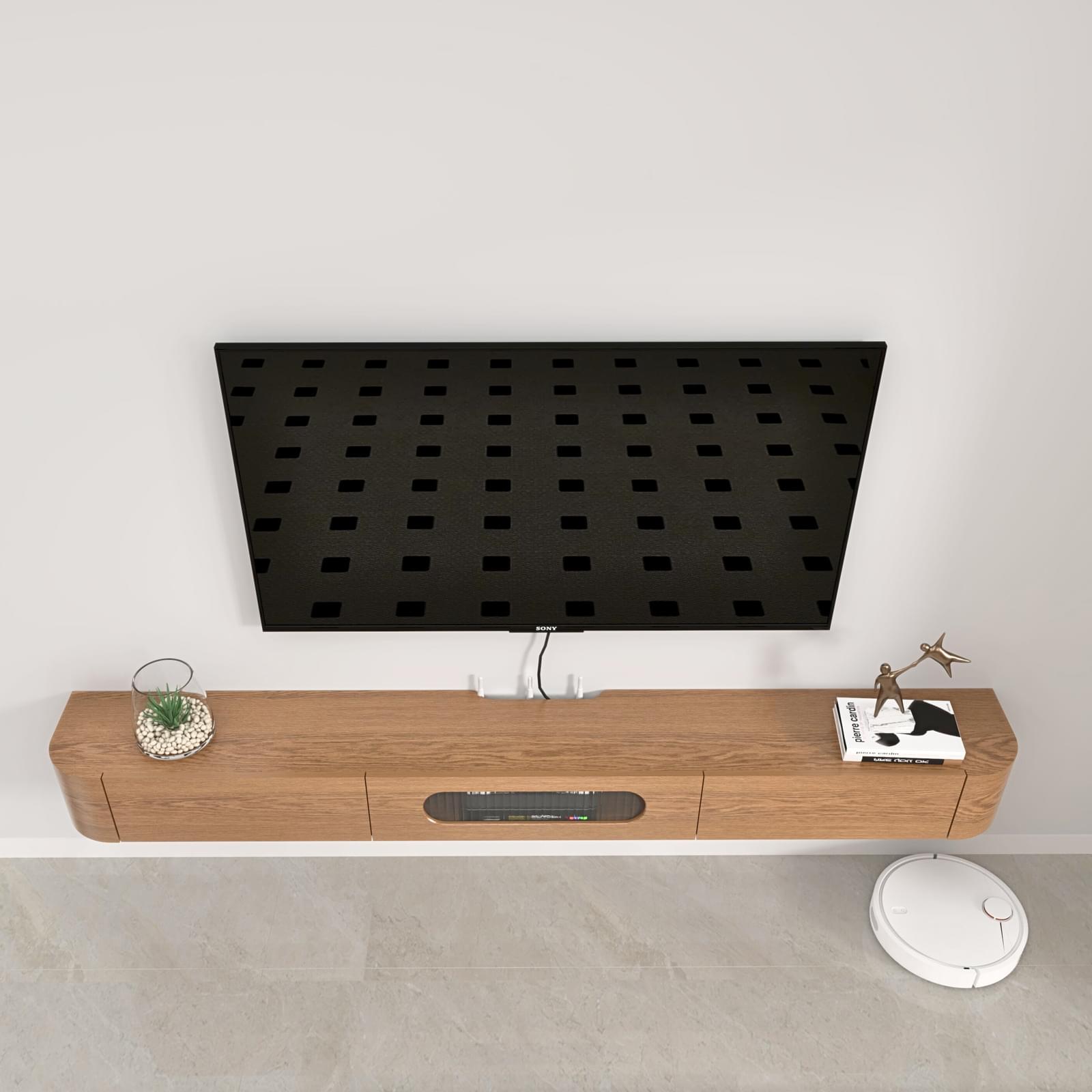 Customize Modern Minimalist Solid Wood Floating TV Stand with Drawers and Glass Door #color_brown