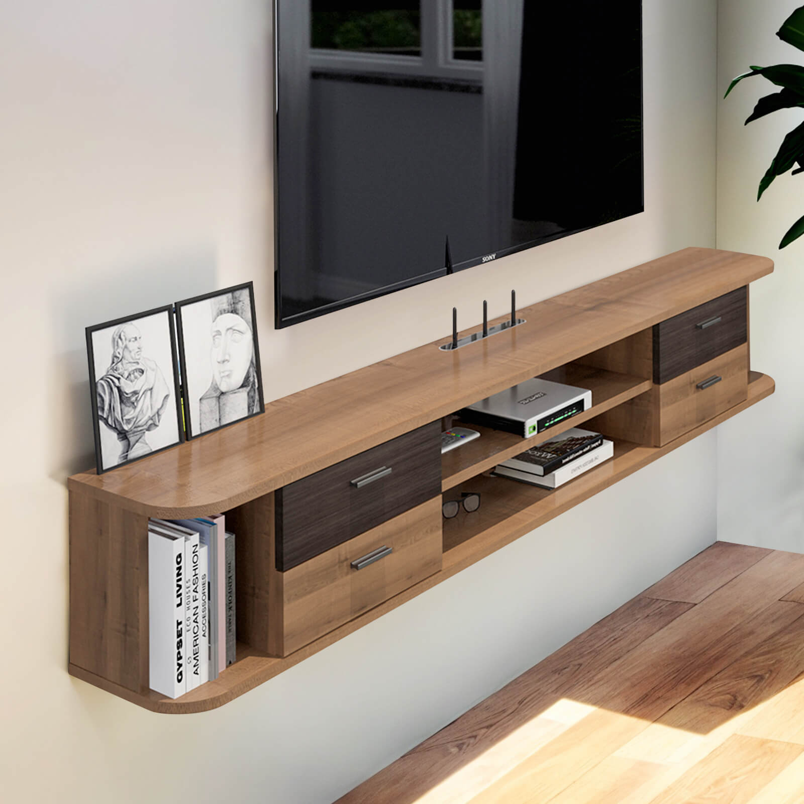 Contemporary Floating TV Stand with Four Drawers And Four Open Shelves #color_walnut