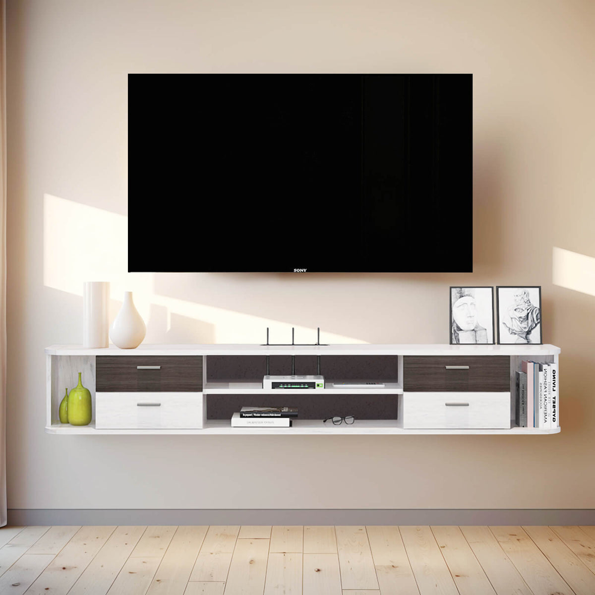 Custom Wall Mounted TV Stand Shelf with Drawers, Floating Desk, Dresser